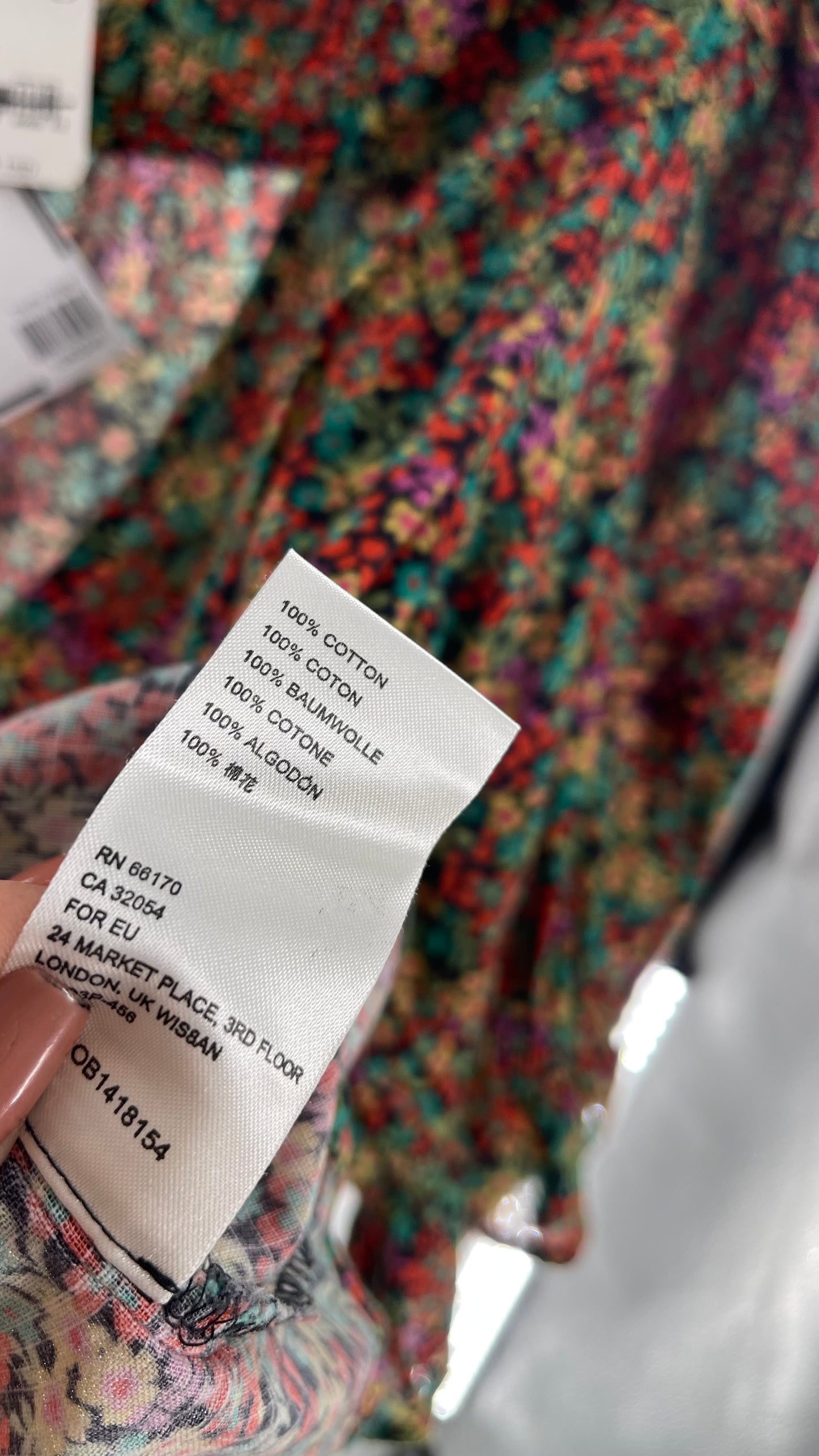 Free People 100% Cotton Colorful Florals Blouse with Deep V, Puff Sleeves, Button Front, and Tags Attached (Small)