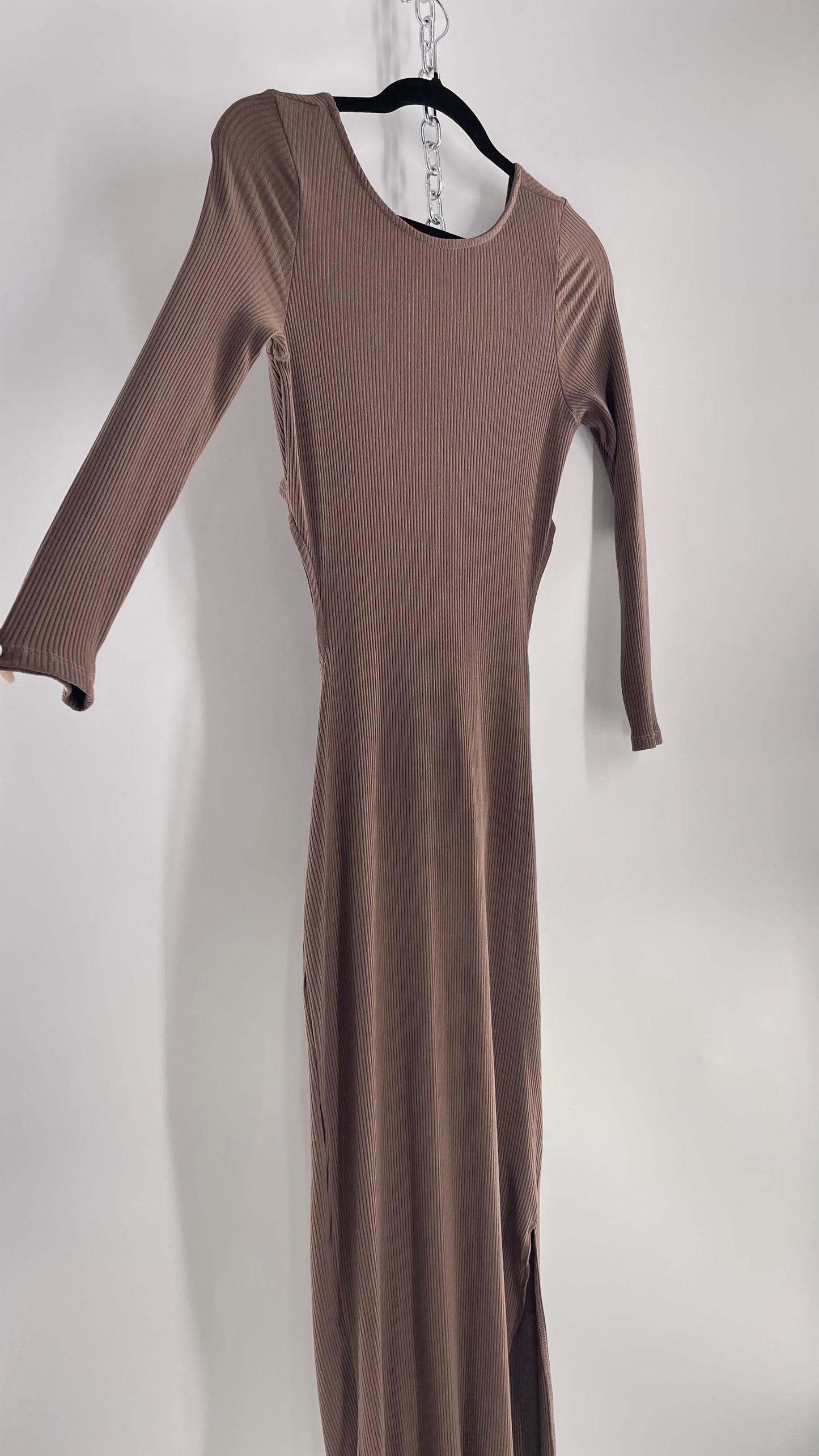 Free People Brown Ribbed Maxi Dress with Low Open Back and Dramatic Tie Detail (Large)