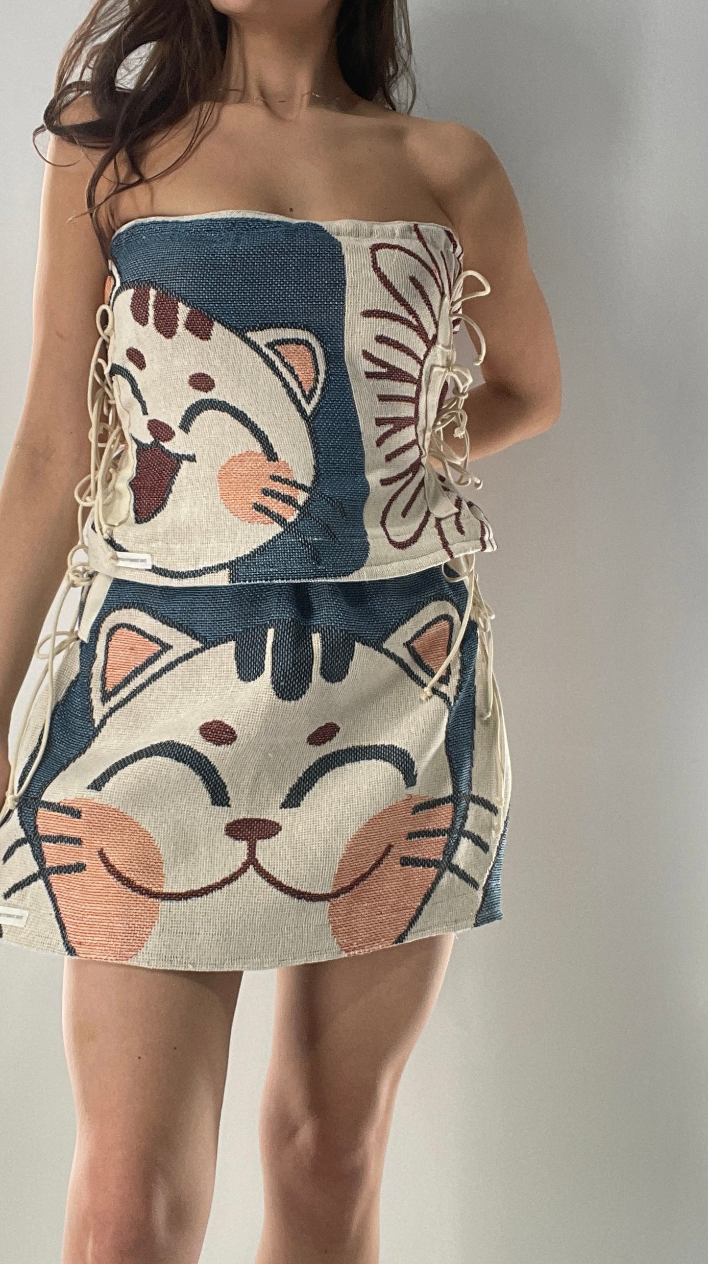 Vintage Tapestry Kitty 2pc Set with Adjustable Corseted Top and Adjustable Corseted Micro Skirt (S-L)