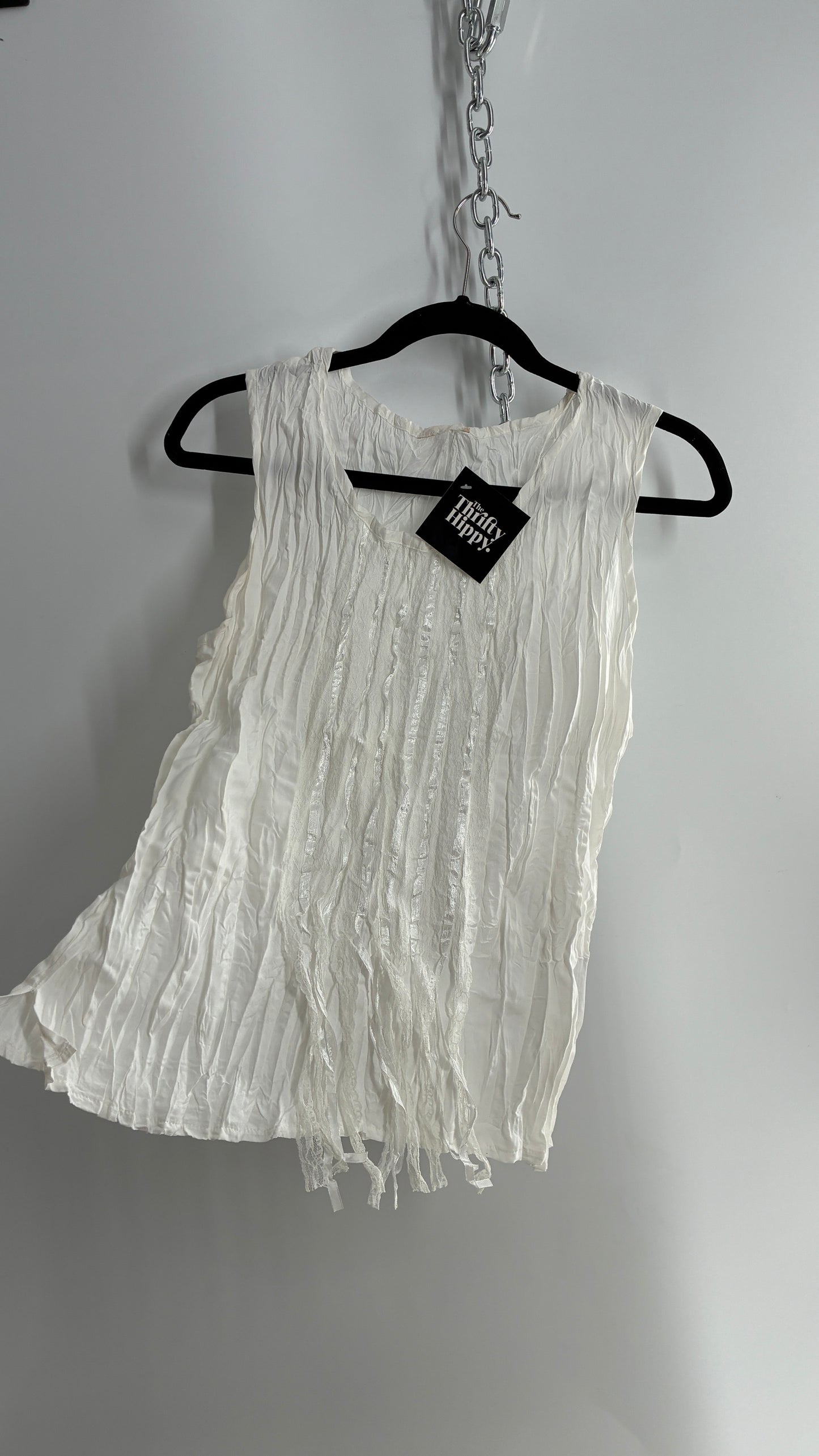 Vintage 1990s Crimped White Camisole with Tassels, Ribbons, and Lace (Medium)