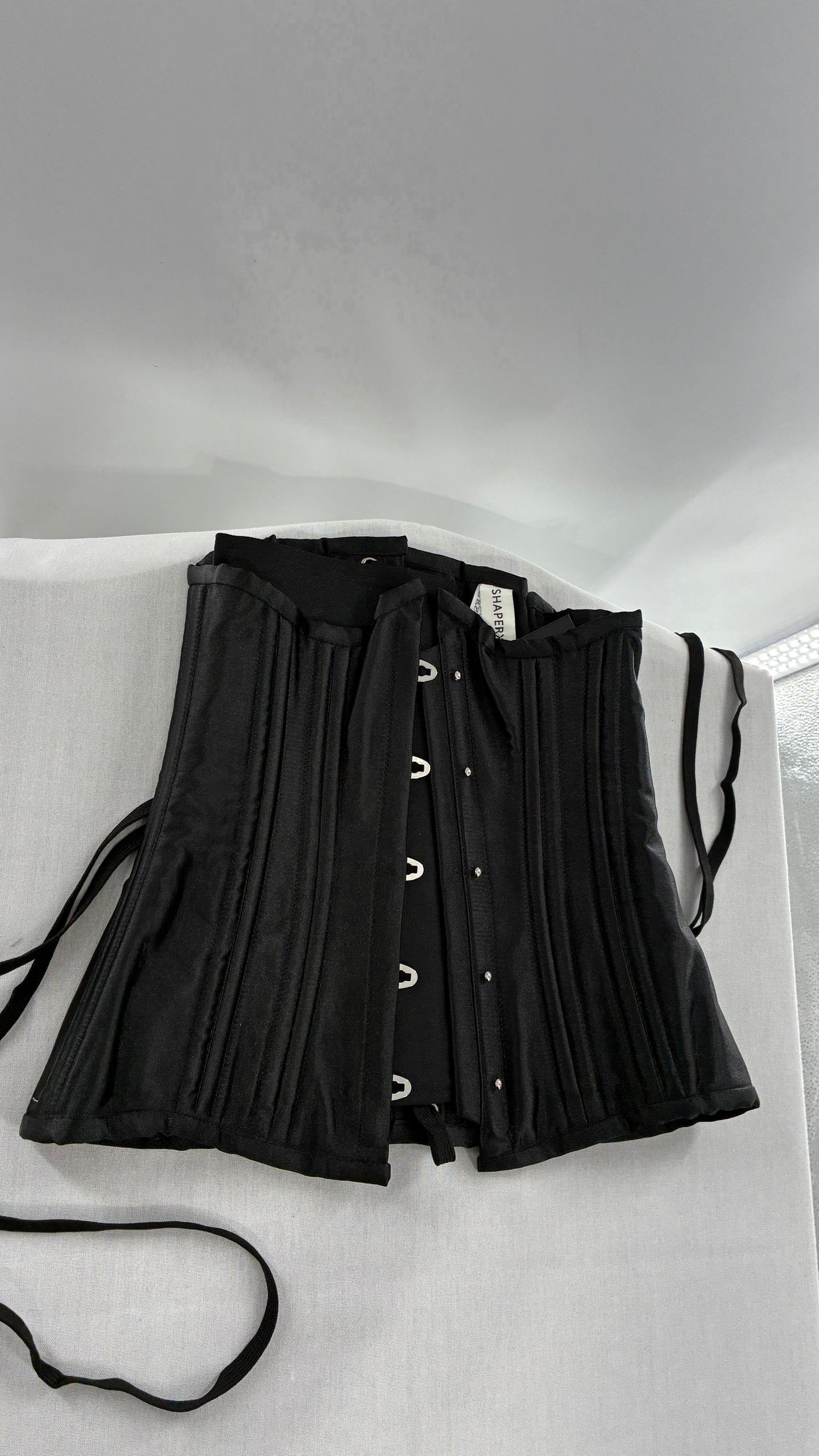 Vintage SHAPERX Black Satin Heavy Duty Ribbed Corset (XS)