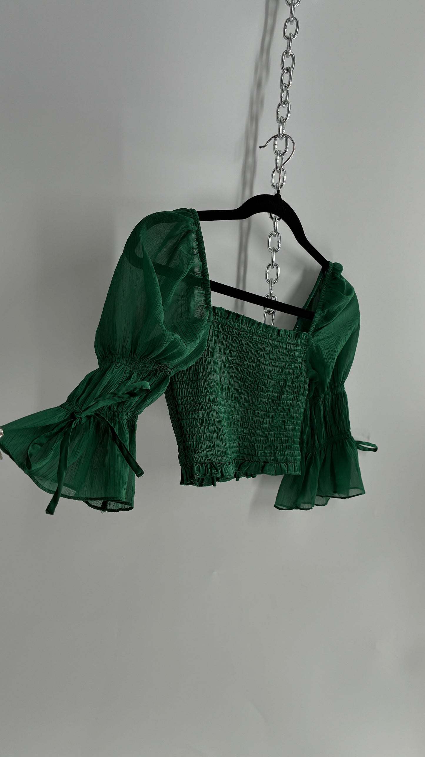 Urban Outfitters Green Smocked Top with Sheer Puff Renaissance Sleeve (XS)