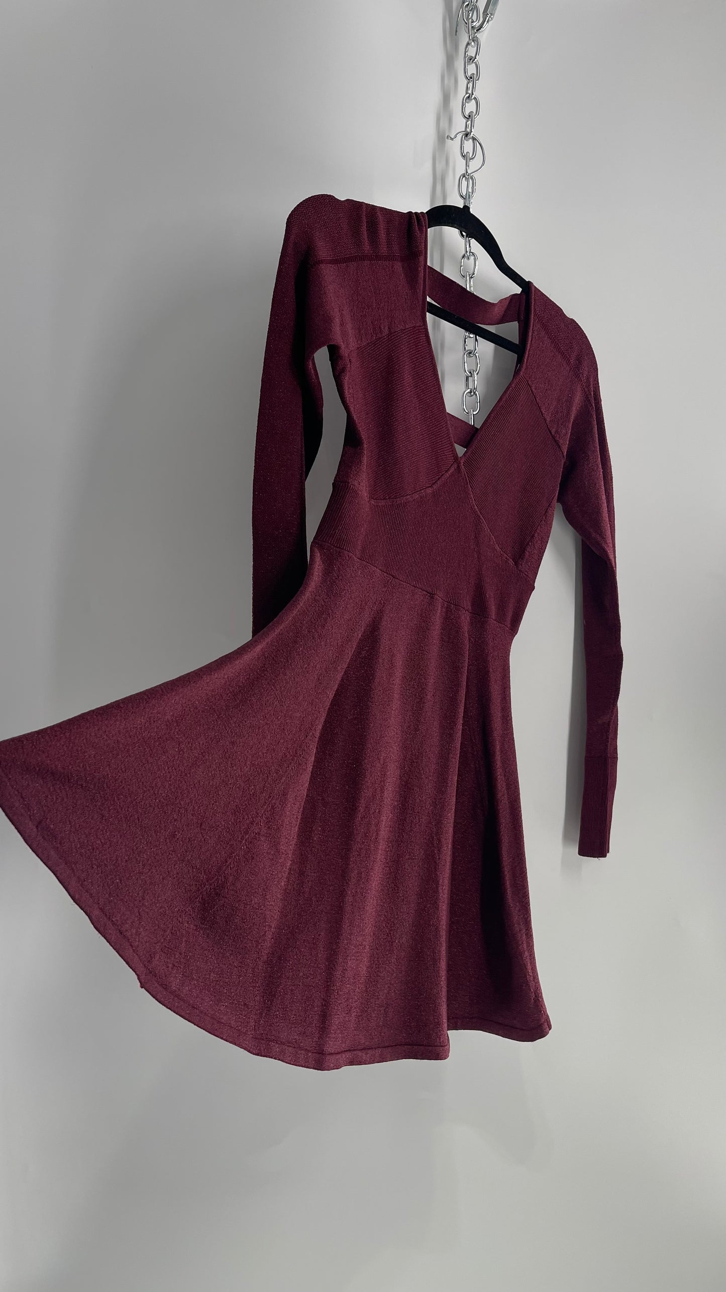 Free People Plum Tinsel Sparkle Long Sleeve Knit Mini Dress (Small)