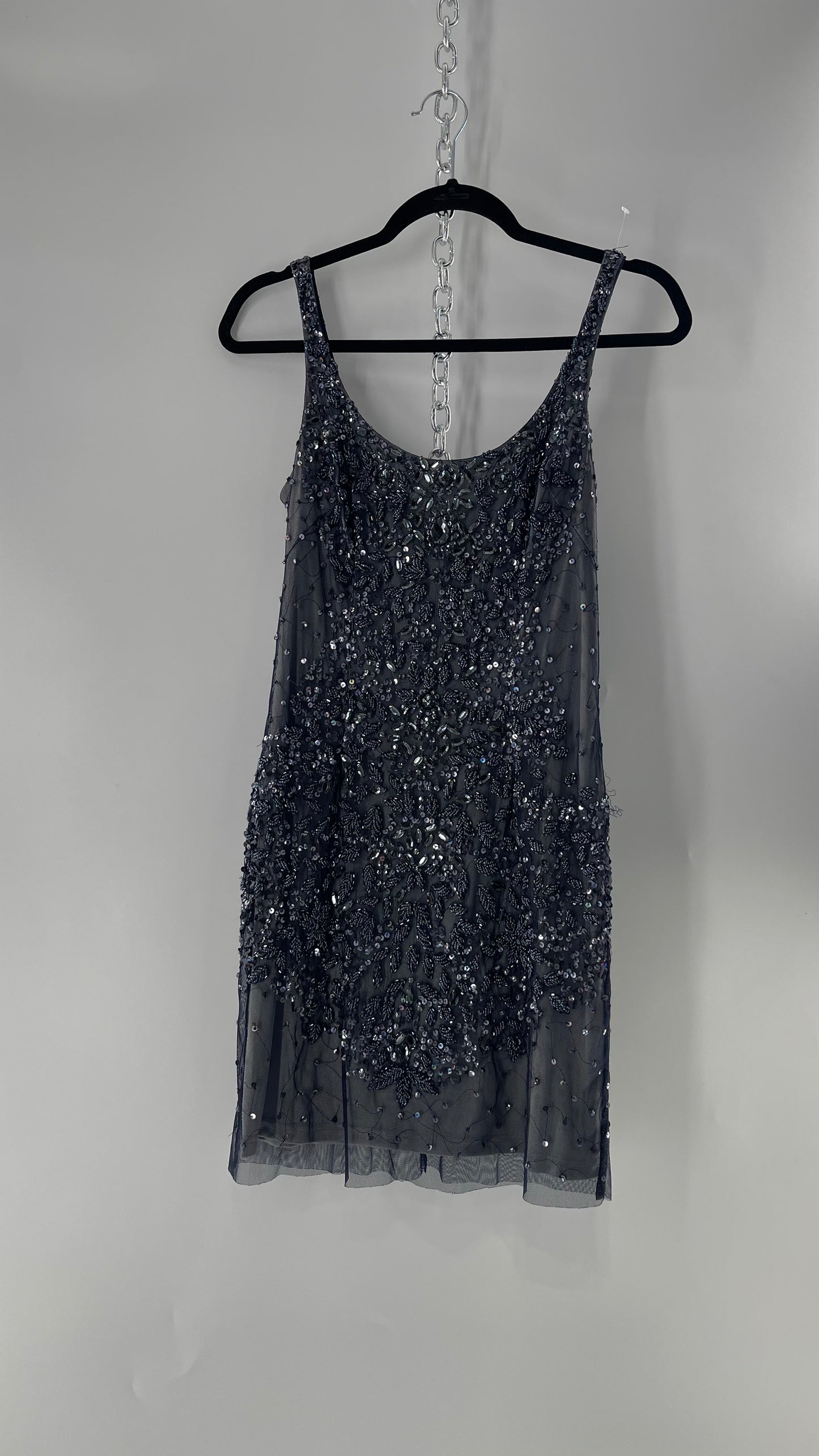 Vintage Cache Moonlight Grey/Navy Blue Tunic Mini Dress with Accentuating Placement of Beads, Sequins and Embroidery Details (2)