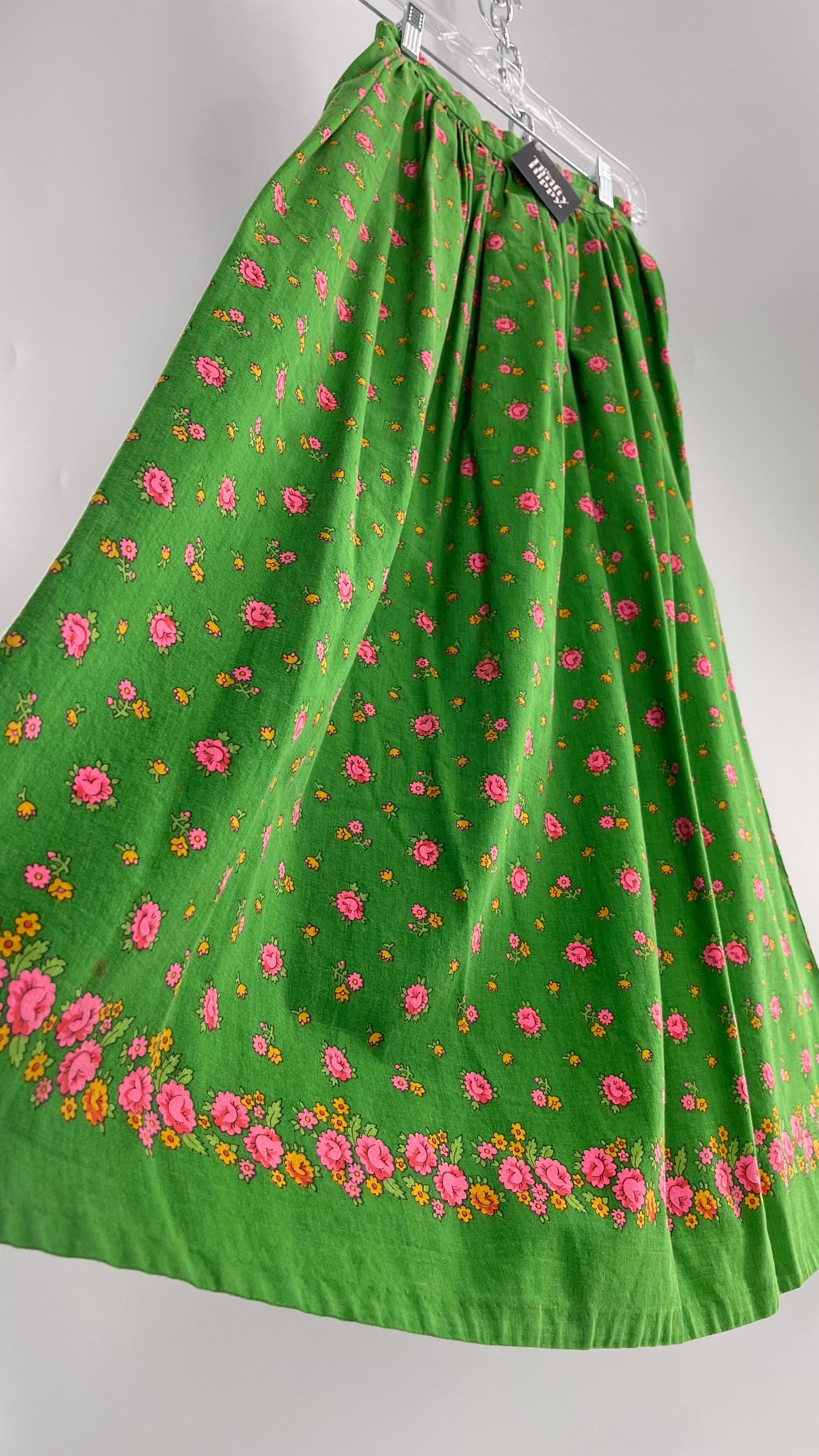 Vintage Imported Cotton Kelly Green Skirt with Pink Roses (XS)