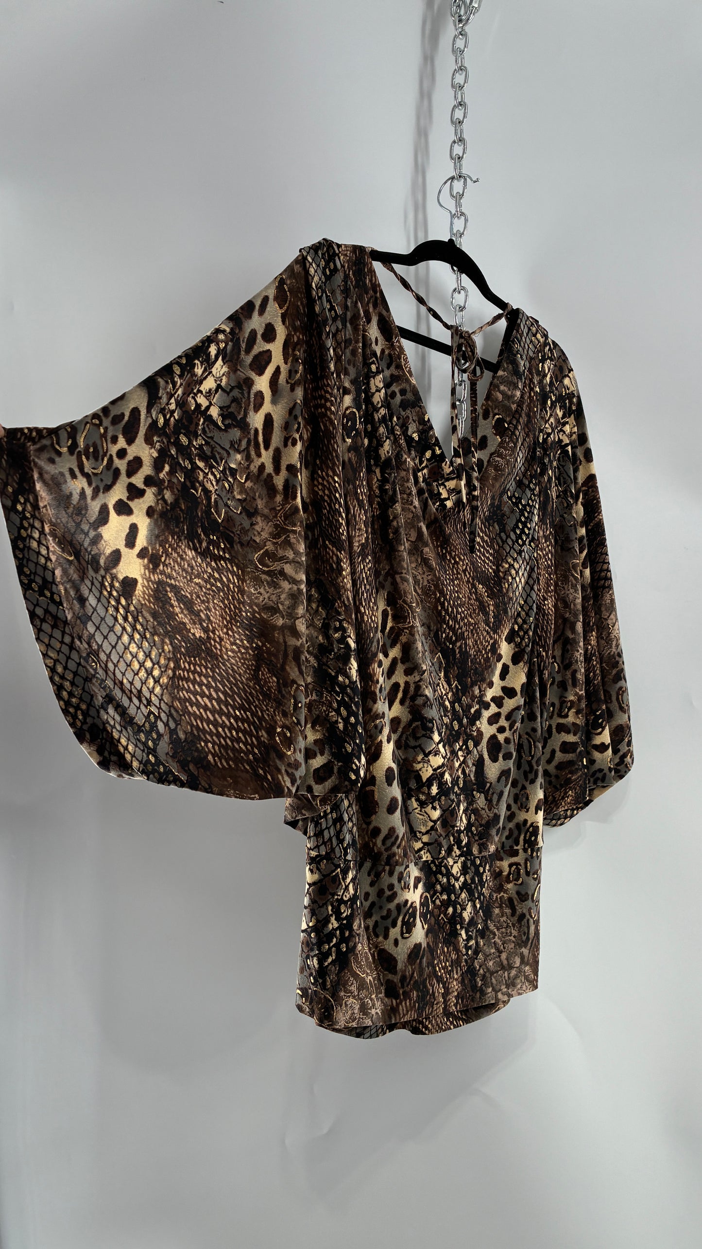 Vintage ZIZZI Metallic Animal Print Mini Dress with Draping Sleeves and Rhinestone Neckline (Large)