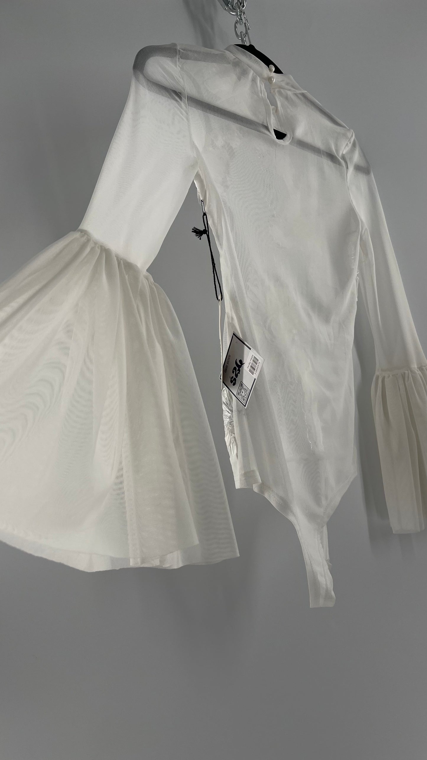 Haute Monde White Mesh Bodysuit with Ribbon Embroidery, Bell Sleeves and Tags (Small)