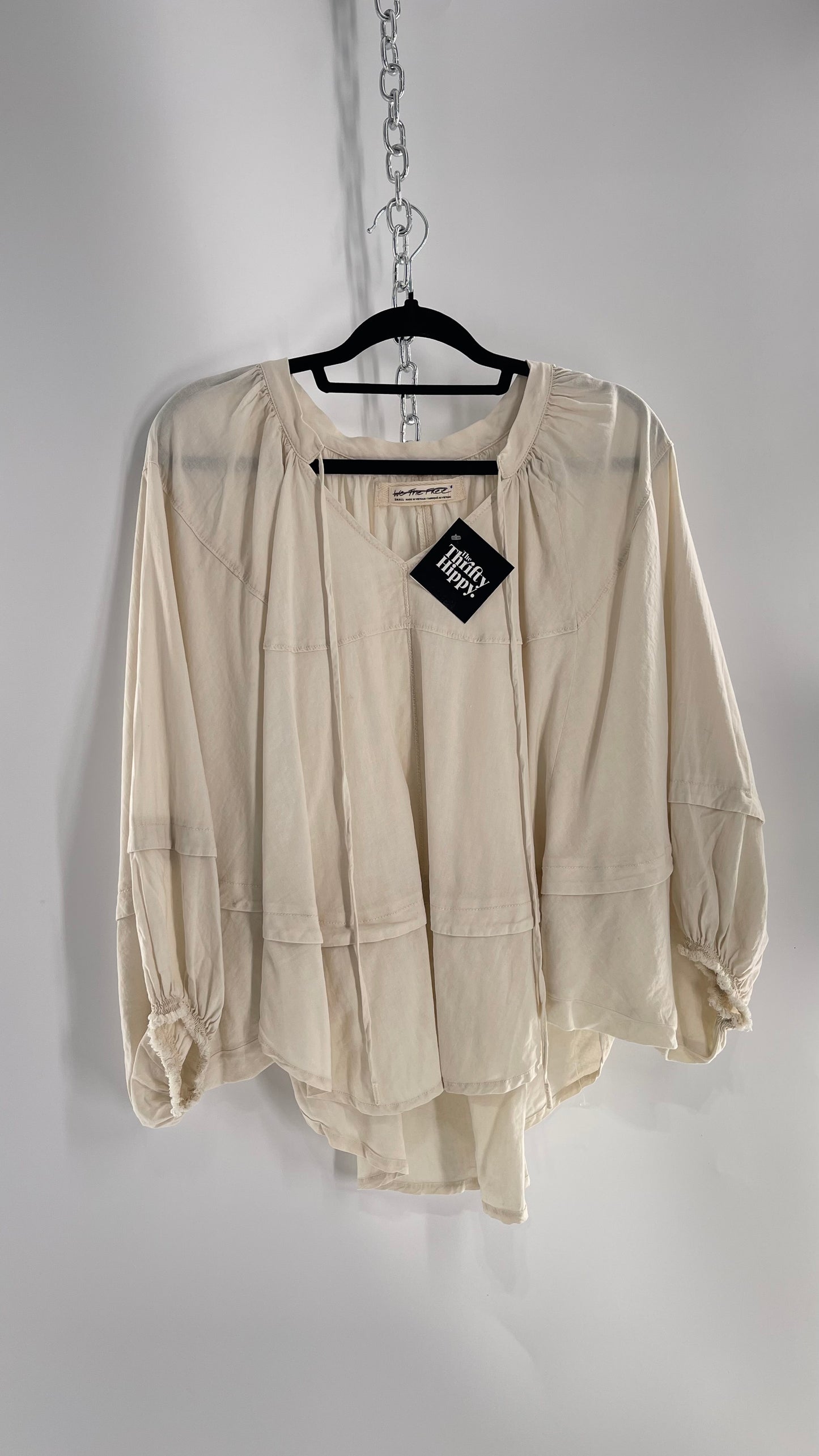 Free People Beige Off White Billow/ Prairie Sleeve Cape Blouse (Small)