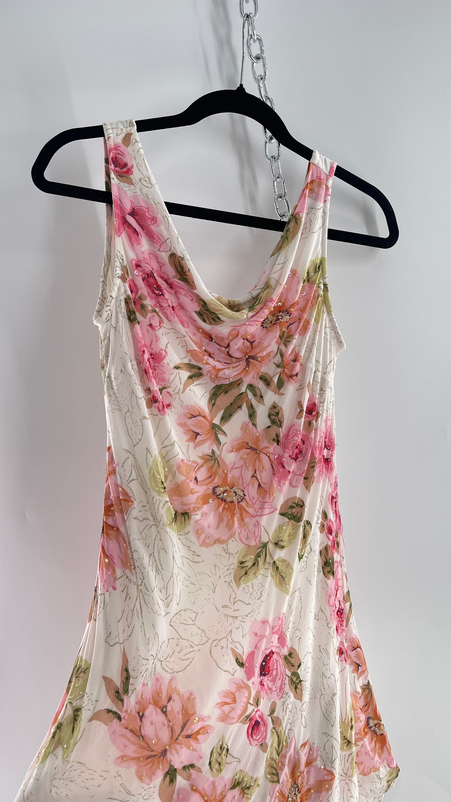 Vintage Eva Blue Pink Floral Draped Neck Sleeveless MIDI with Beading (10)