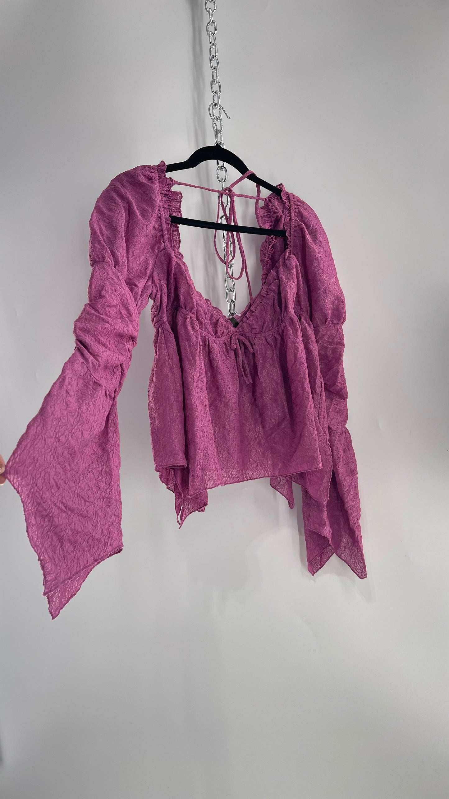 Urban Outfitters Purple Lace Blouse with Handkerchief Slit Hem, Princess Fairy Sleeves, Ruffle Trim Bust and Low Back (Large)
