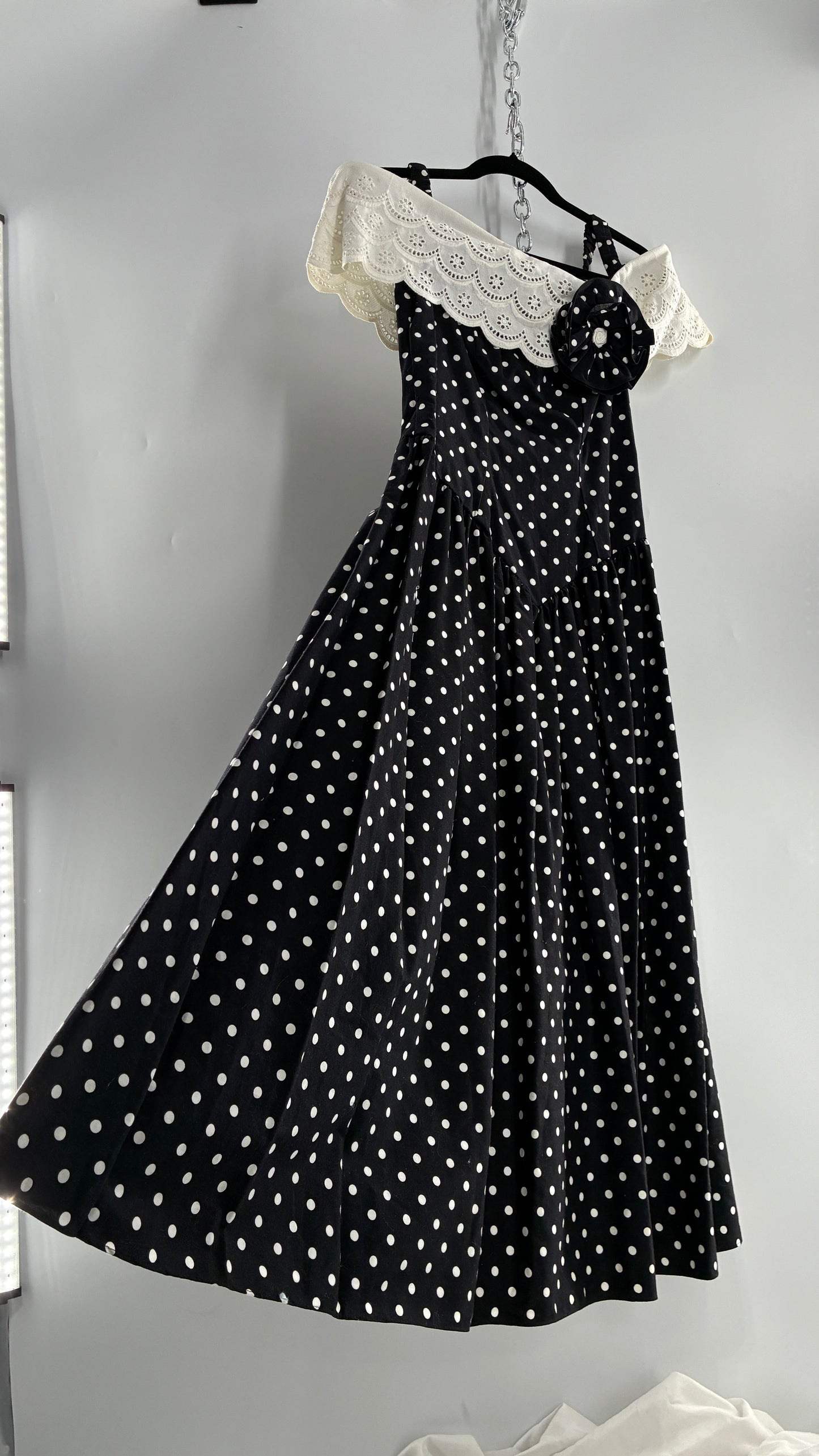 Vintage Handmade Black and White Polka Dot Pointed Waistline Gown with Off the Shoulder Stiff Lace Straps and Rosette Detail (8)