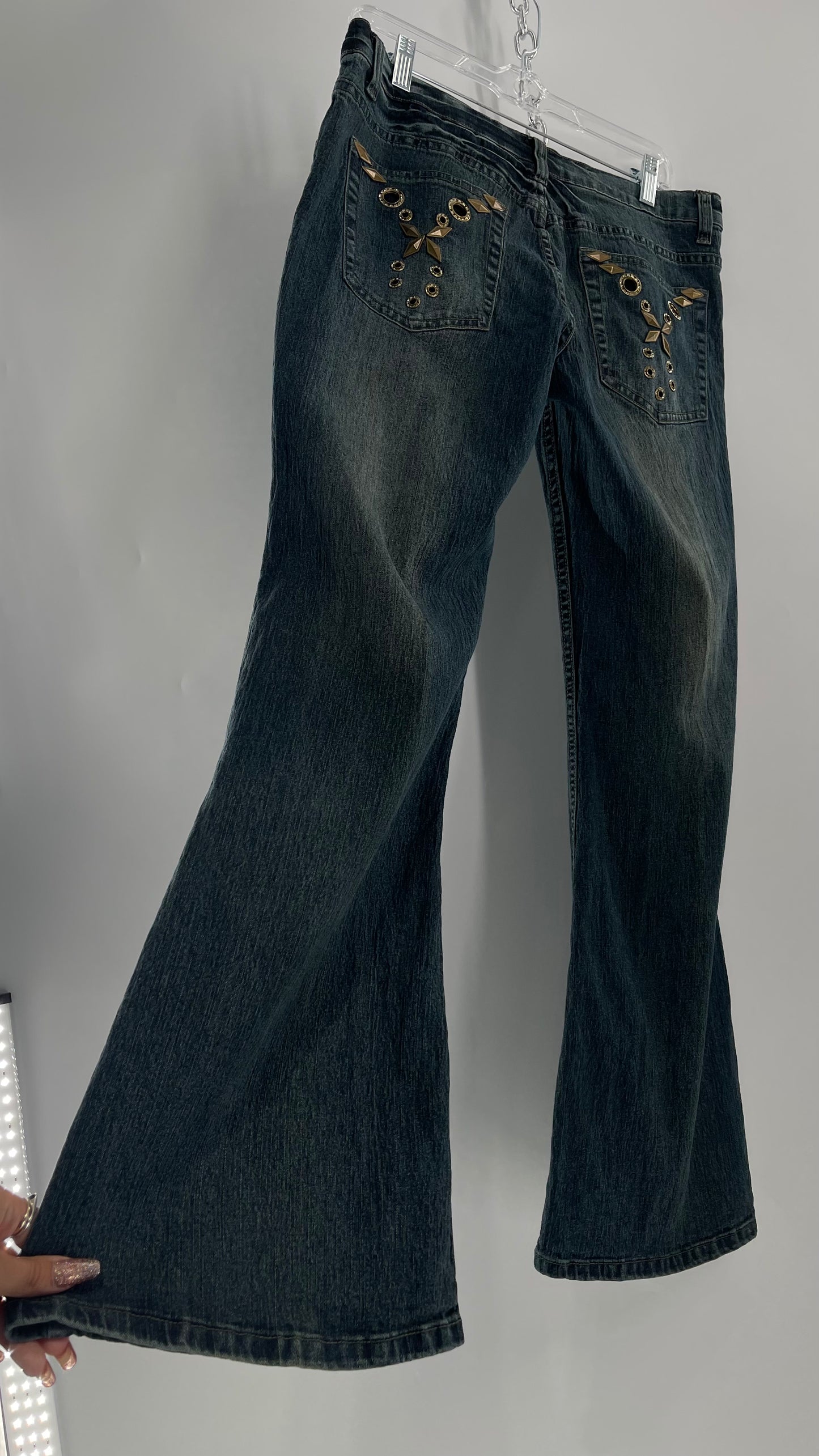 Vintage Blue Pointe Kickflare Medium Wash Jeans with Gold Rhinestone Metal Jewels (13)