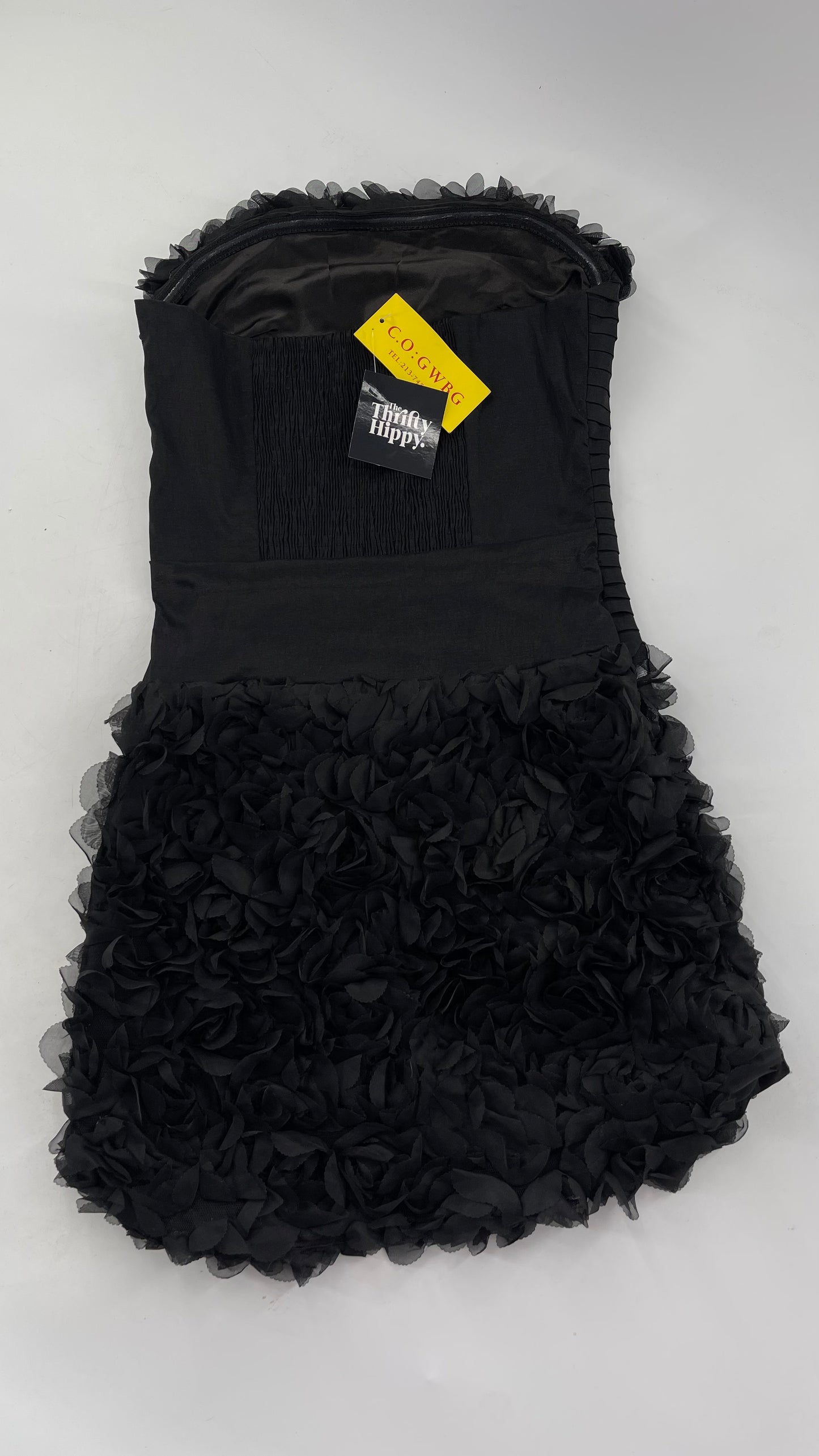 C.O:GWBG Black Dress with Pleated Bodice, Floral Ruffled Skirt and Bedazzled Bustline (S/M)