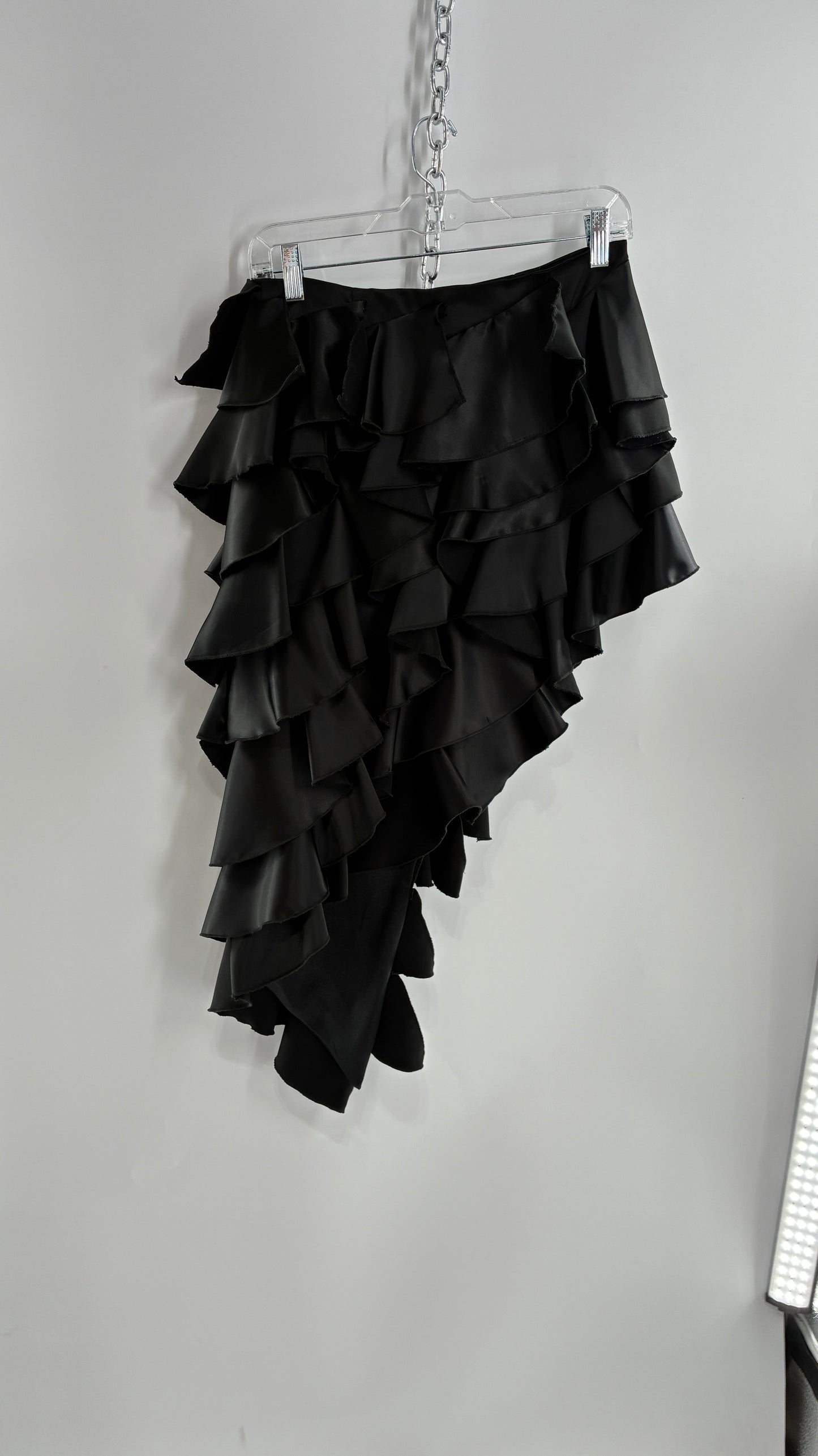 Deadstock Rare 1990s Vintage FRILLY LILLY Black Ruffled Asymmetric Skirt (8)
