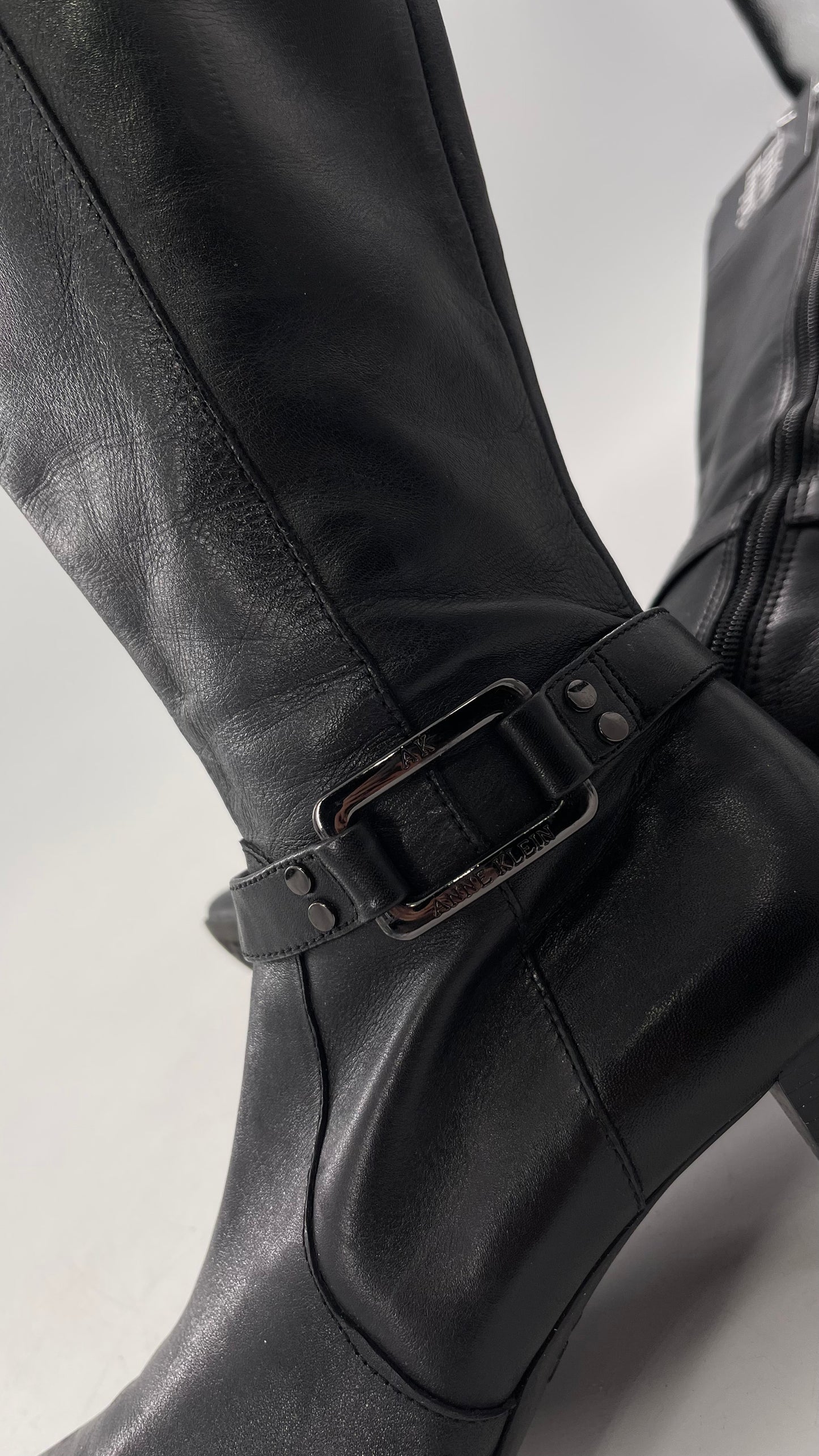 Vintage Black Anne Klein Leather Knee High Boots with Pointed Toe and Ankle Metal Buckle Detail (8)