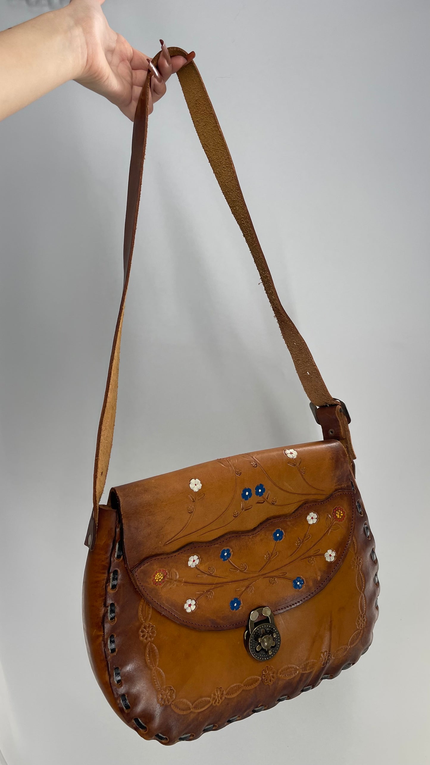 Vintage 1970s Mexico Leather Saddle Bag with Engravings, Stitching and Turnstile Closure