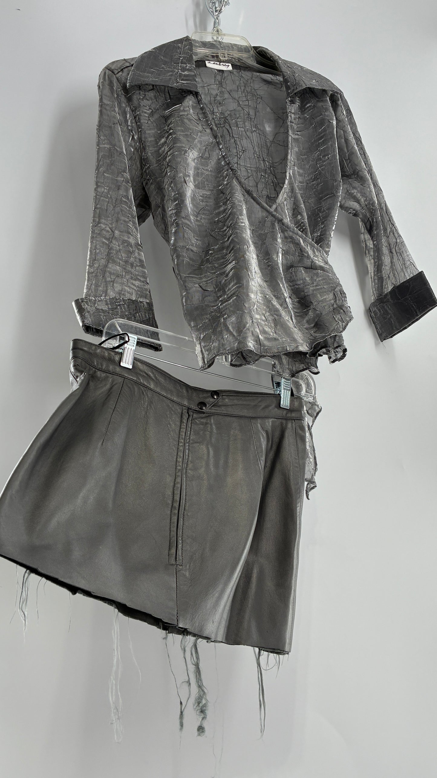 Vintage 1980s JUST PIERRE 3pc Metallic Silver Leather Trench Coat, Micro Mini Skirt and Sheer Blouse Set (S/M)