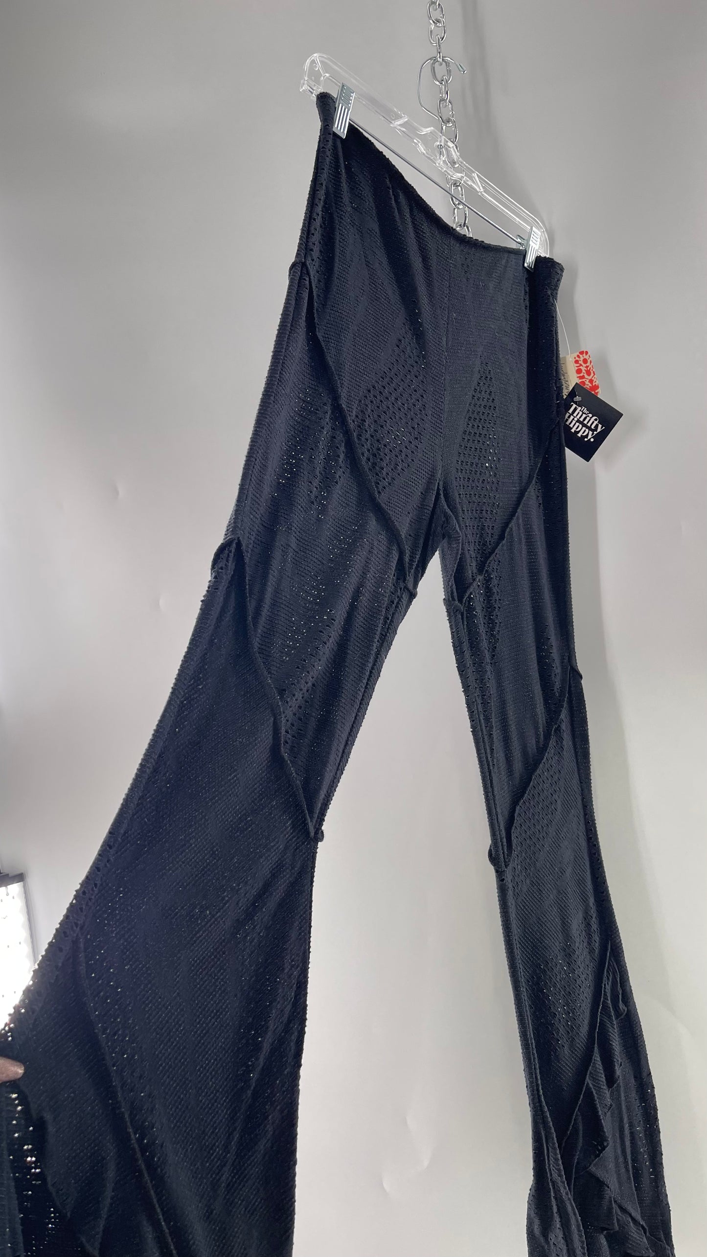 Free People Black Midnight Grey Mixed Pattern Kickflares with High Low Hem, Exposed Seams and Distressing Tags Attached (Medium)