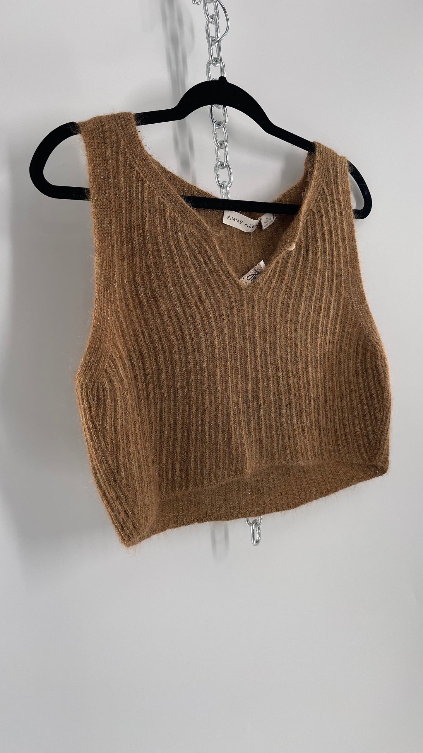 Vintage Anne Klein 42% Mohair Tan Knit Tank with Gold Tinsel (Large)