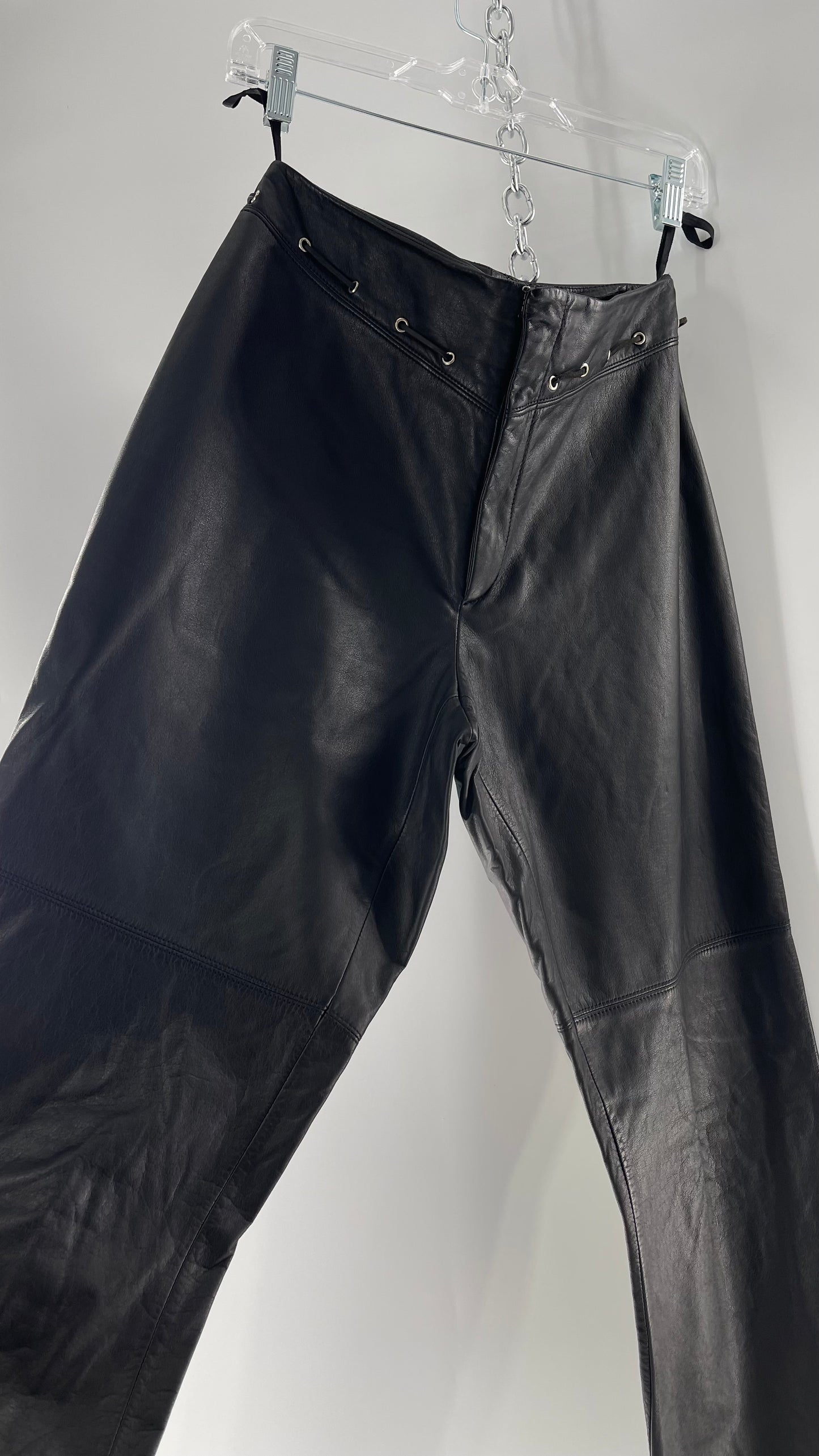 Vintage 90s RALPH Ralph Lauren Thin Leather Pants with Thread Through Grommet Detail on Waistline (4)