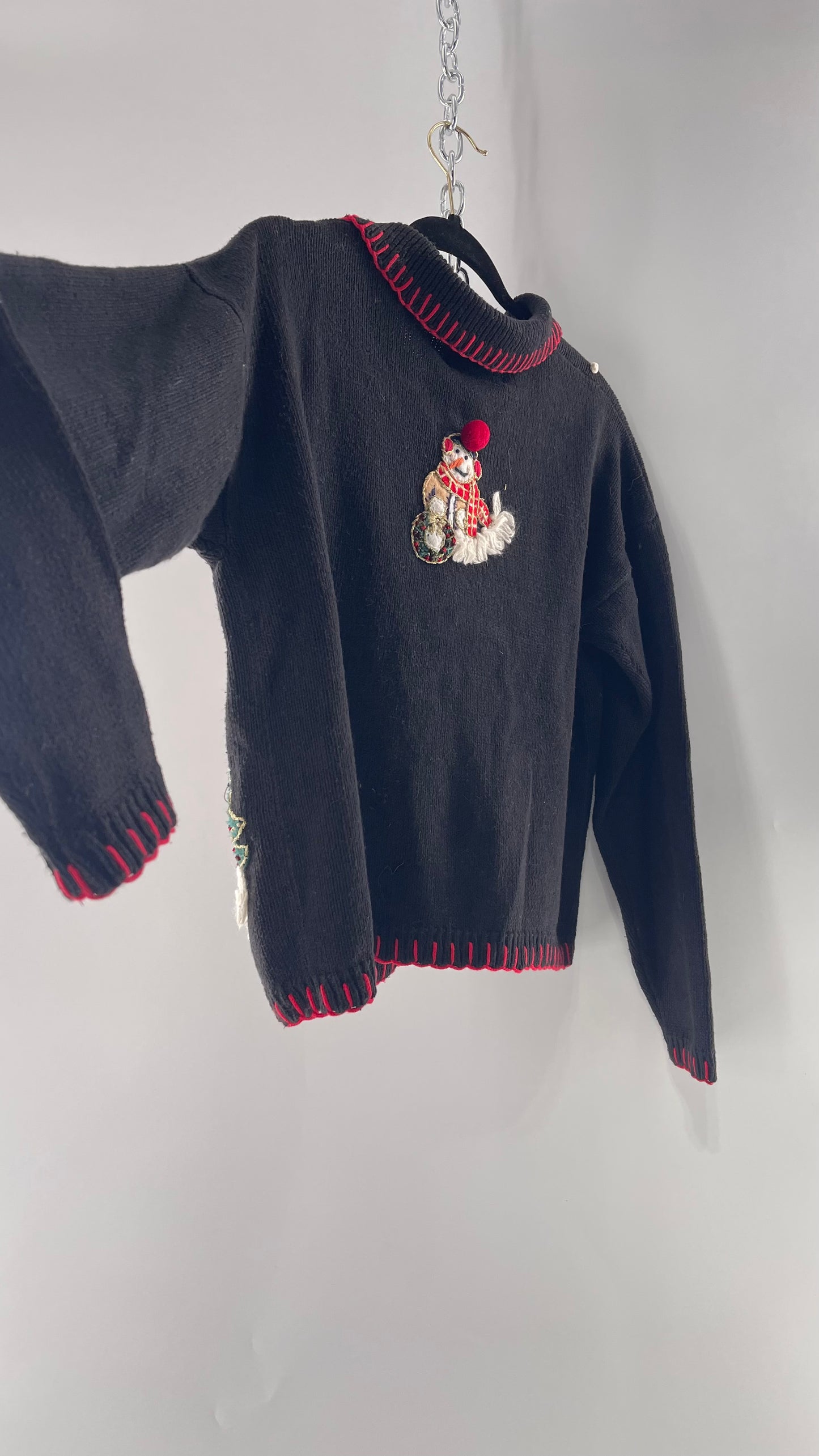 Vintage Reworked Urban Outfitters Heirloom Christmas Cardigan with Festive Snowmen Embroidery, Snowflakes, Christmas Tree and PomPom Zipper Detail (S)