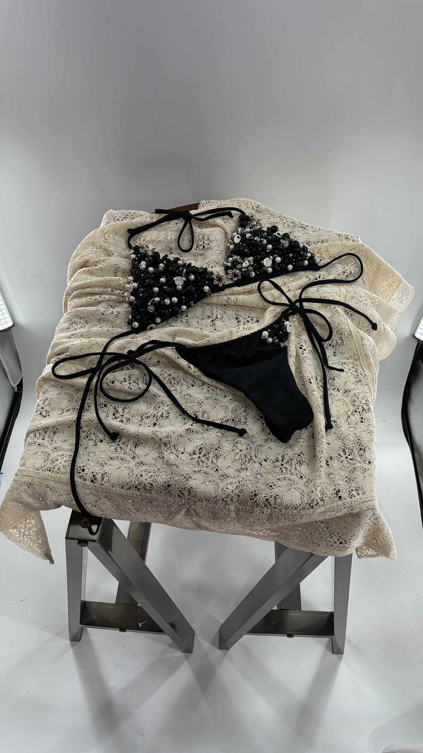 CUSTOM 1/1 Black Swimsuit Covered in Hand Placed and Sewn Beads, Charms, and Gems (MEDIUM)