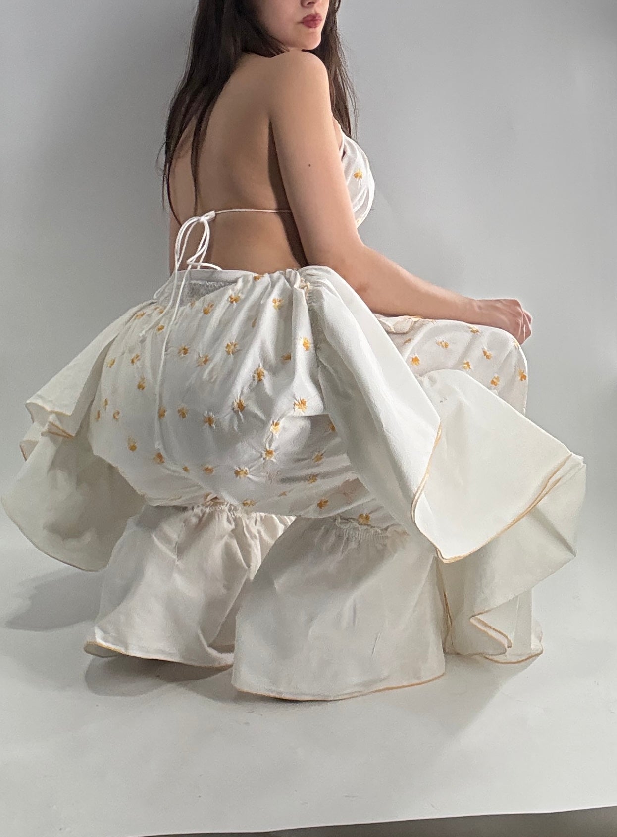 Vintage Handmade Angeline 2pc Set with Ruffled Pant, Embroidered Daisy Pattern, and Bustier Camisole with Adjustable Drawstring Bustline and Waistline (XS-L)