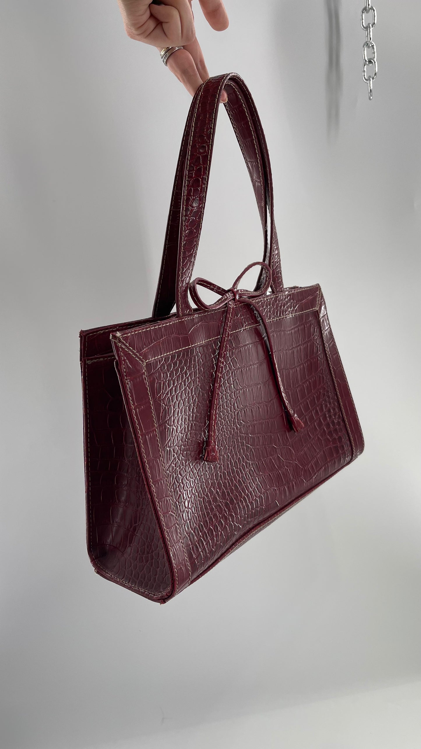 Vintage Liz Claiborne 1990s Cherry Red Crocodile Embossed Structured Bow Bag