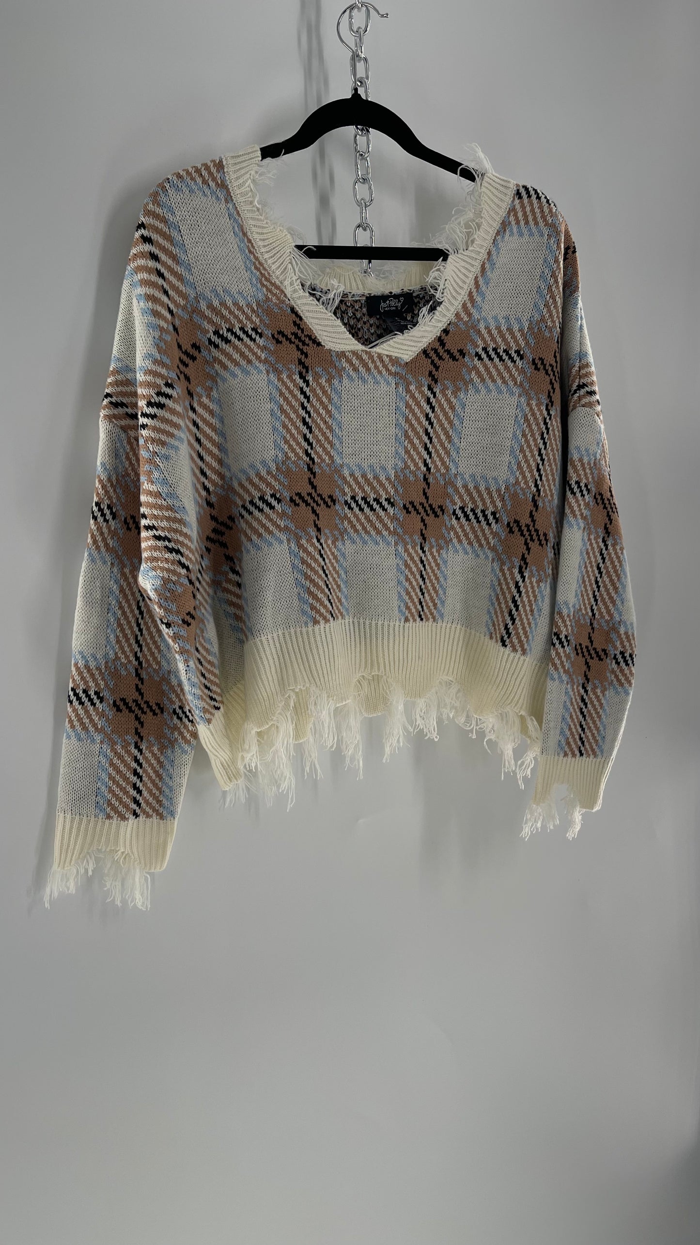 Fashion Nova Plaid Powder Blue/Tan Distressed Sweater