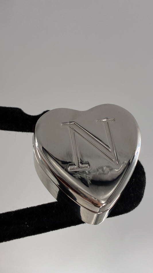 Vintage Mongram “N” Engraved Heart Shaped Silver Ring Box