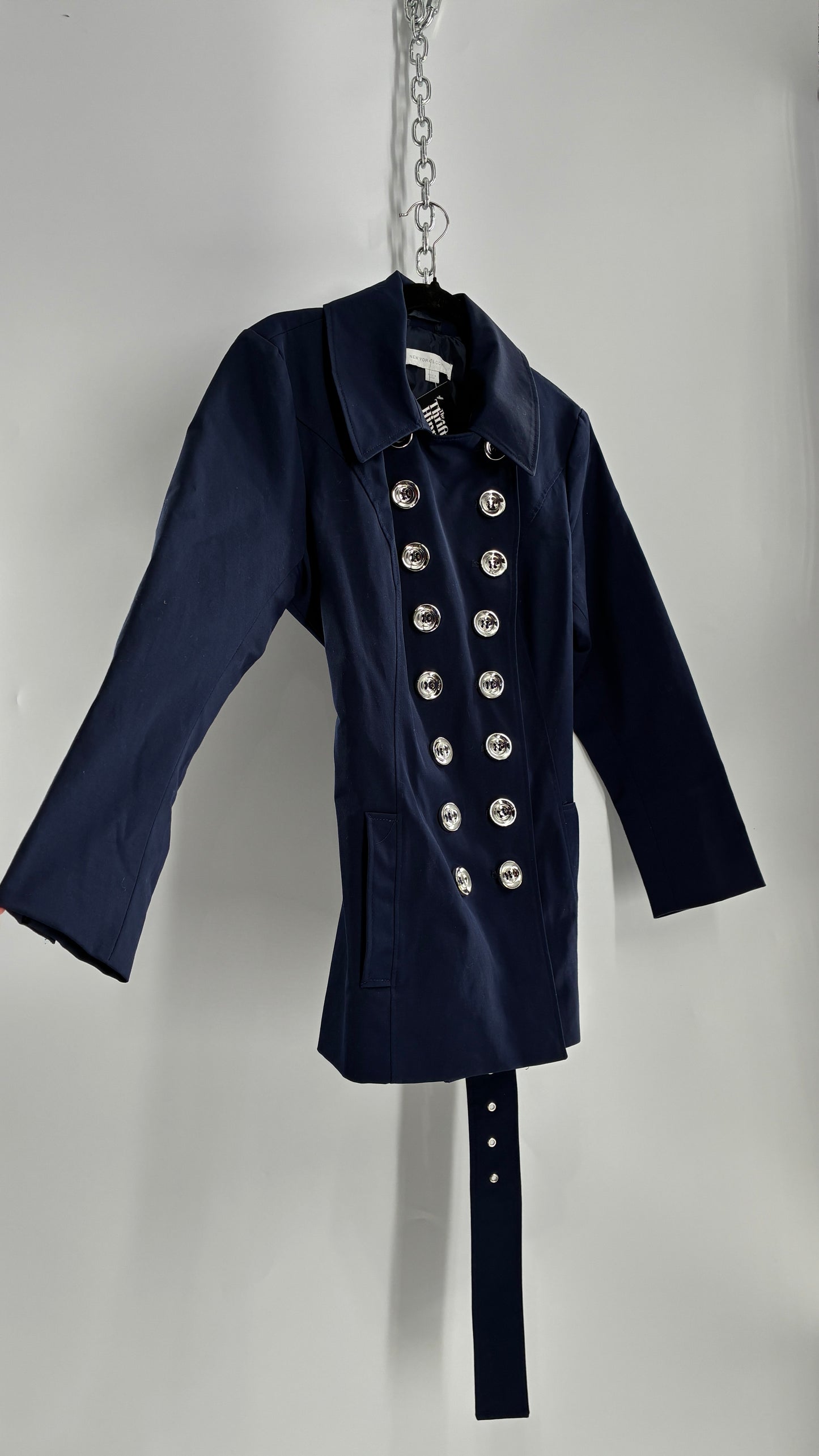 New York & Company Deep Navy Coat with Double Breasted Silver Buttons and Oversized Silver Buckle (Large)