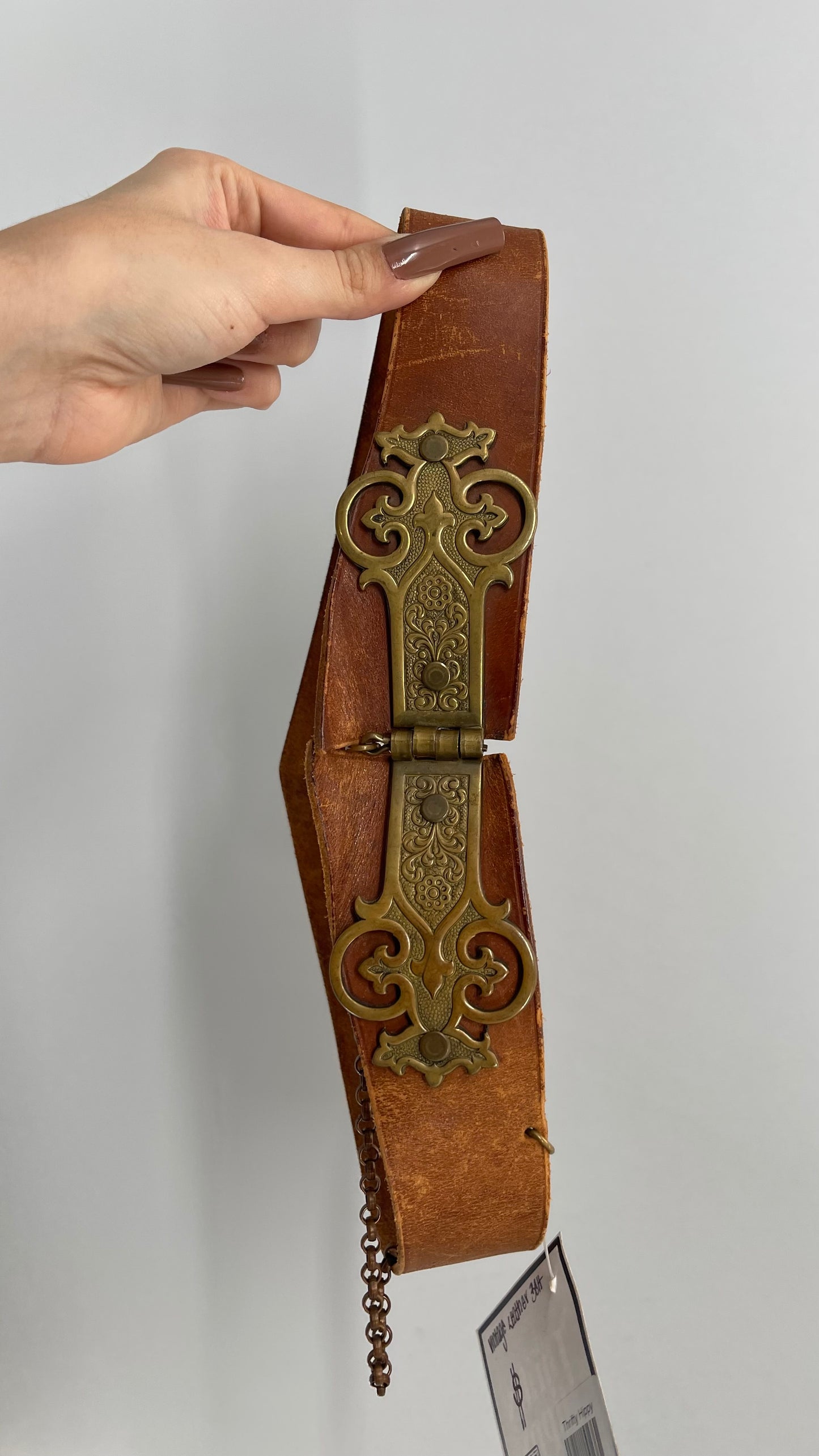 Vintage Antique Leather Waist Belt with Engraved Brass Brackets and Pin Closure (XS/S)