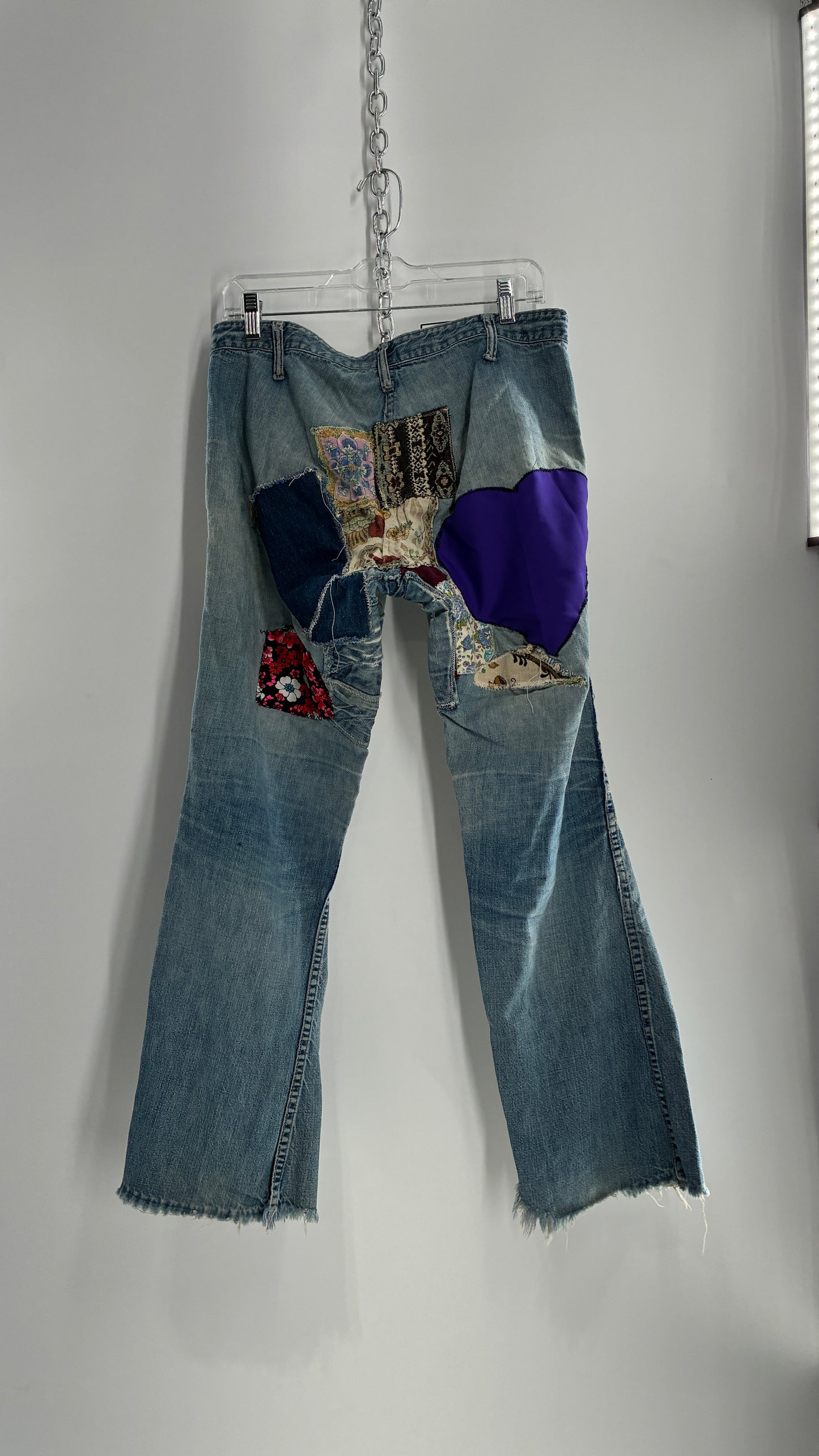 Vintage Rare 1970s Light Wash, Low Rise Boot Cut Jeans with Hand Stitched Tapestry Style Patches and Purple Heart on Bum (Measurements Below)