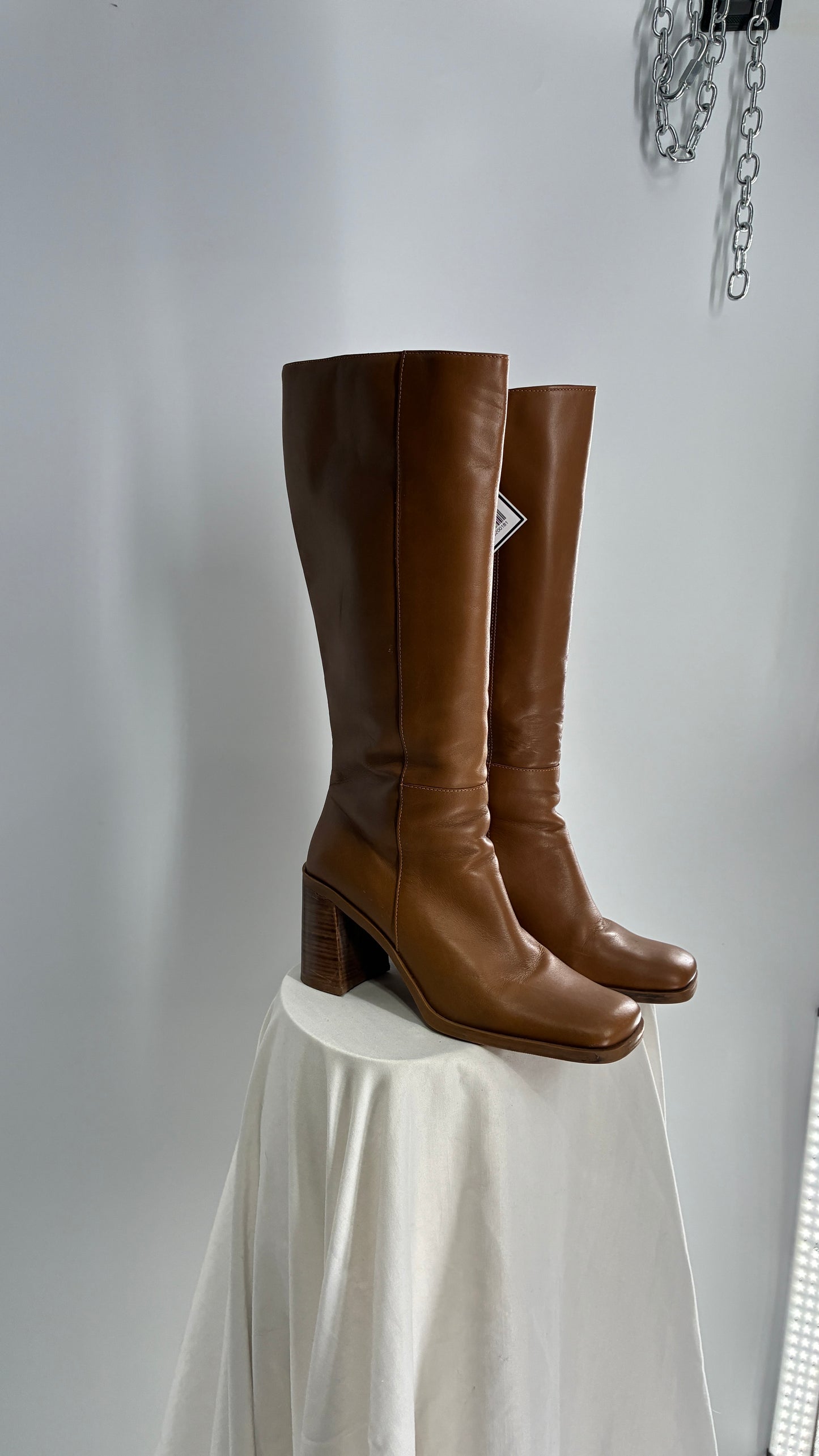 Vintage Strive Genuine Leather Square Toe Knee High Boots with Chunky Block Heel Made in Uruguay (9.5)