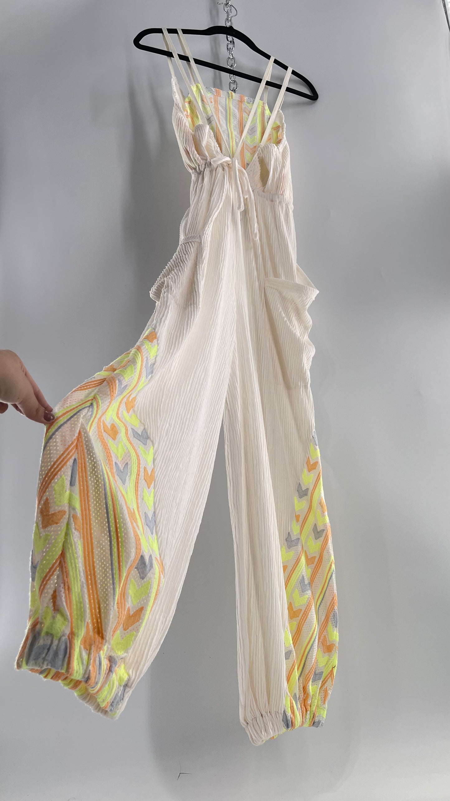 Free People Movement Cream Ribbed Jumpsuit with Yellow/Orange Embroidered Details and Waist Cinching Drawstring (Small)