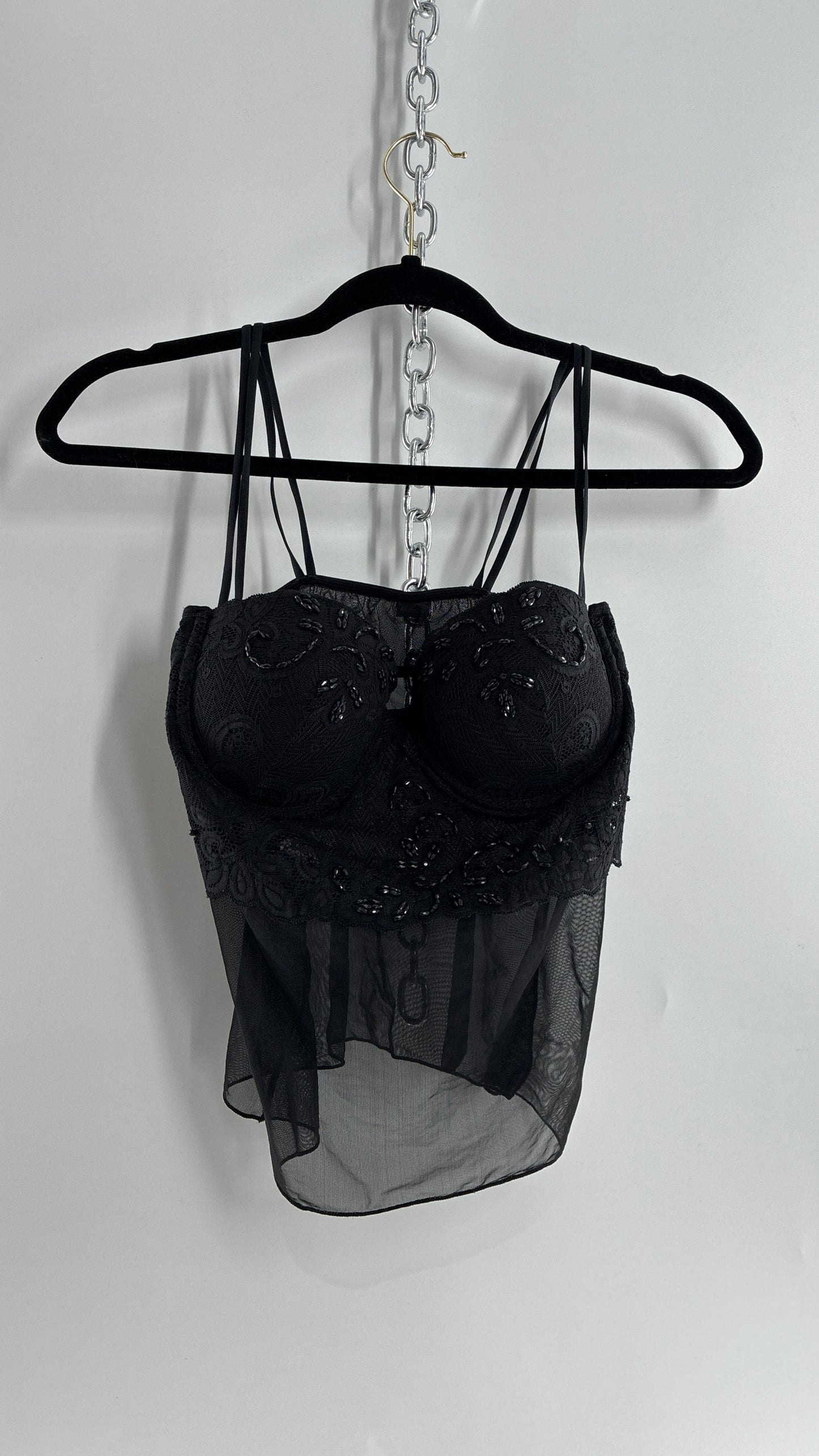Vintage LA FRESCA Black Lace Bustier Babydoll with Mesh Bodice and Beaded Cups/Band (Large)