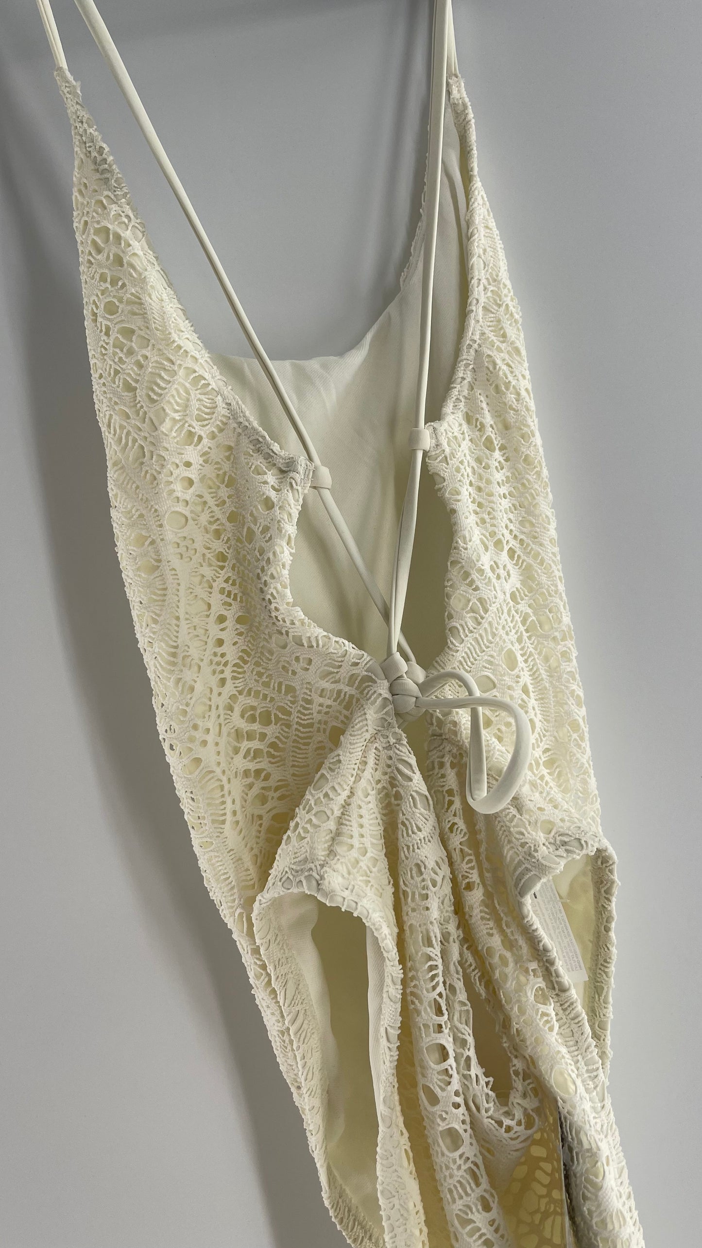 Urban Outfitters White Lace/Crochet Swimsuit with Lace Up Open Back (Medium)