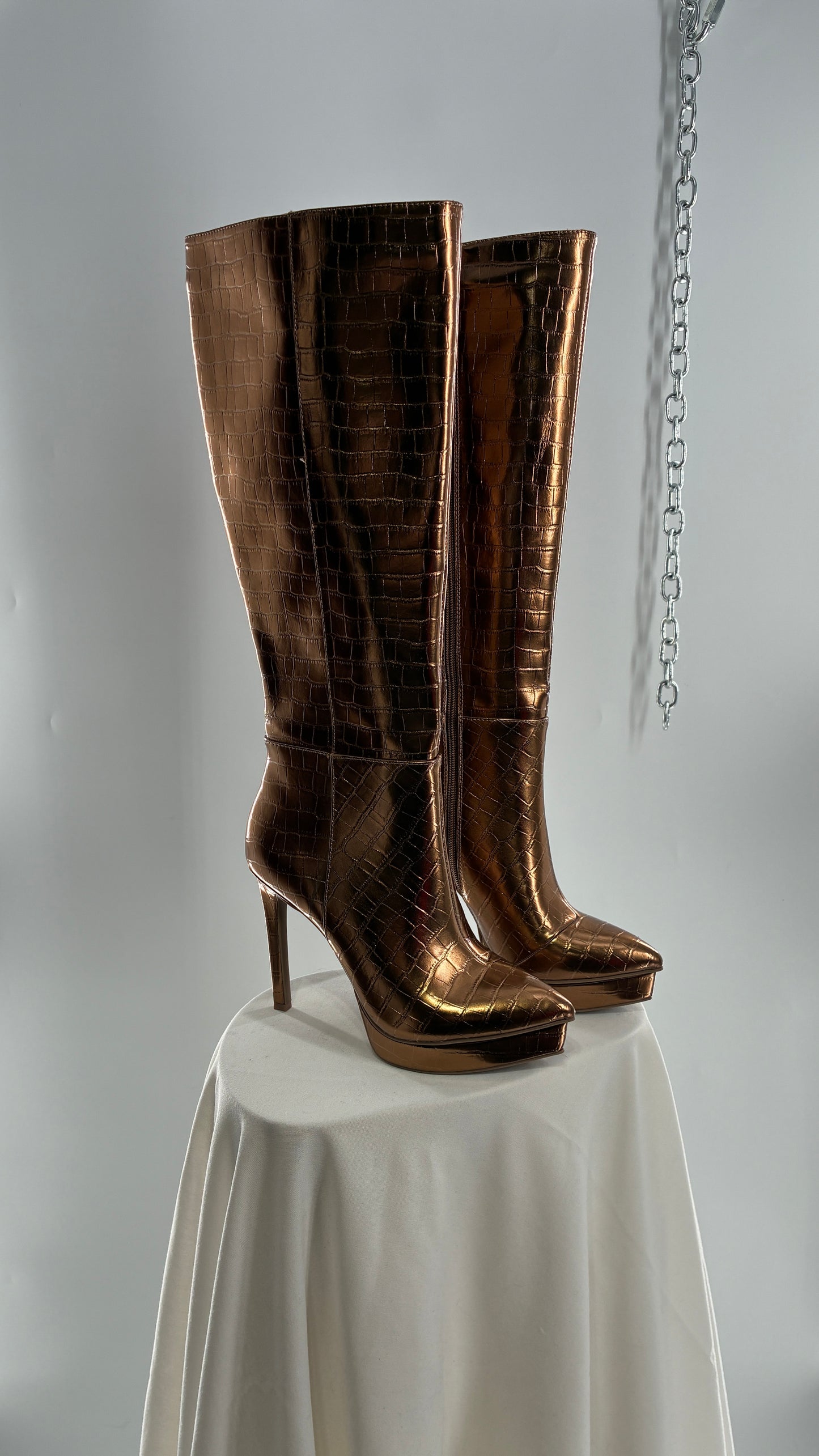Vintage THALIA SODI Bronze Embossed Crocodile Texture Platform, Pointed Toe, Knee High Boots (6)