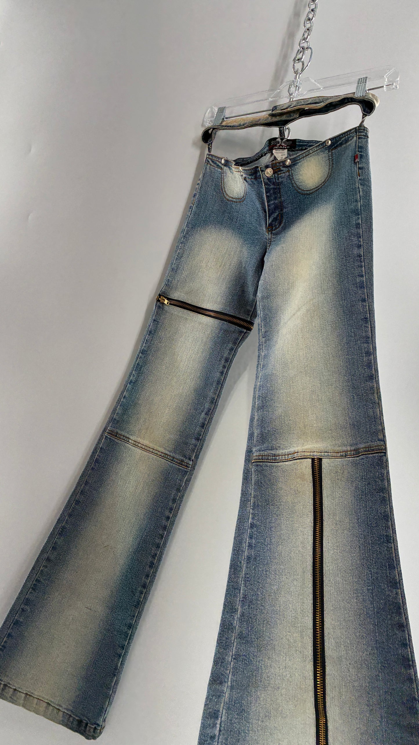 Vintage XCESO JEANS Rare Faded Double Waistband Kickflare Jeans with Functional Zipper Details (Medium*)