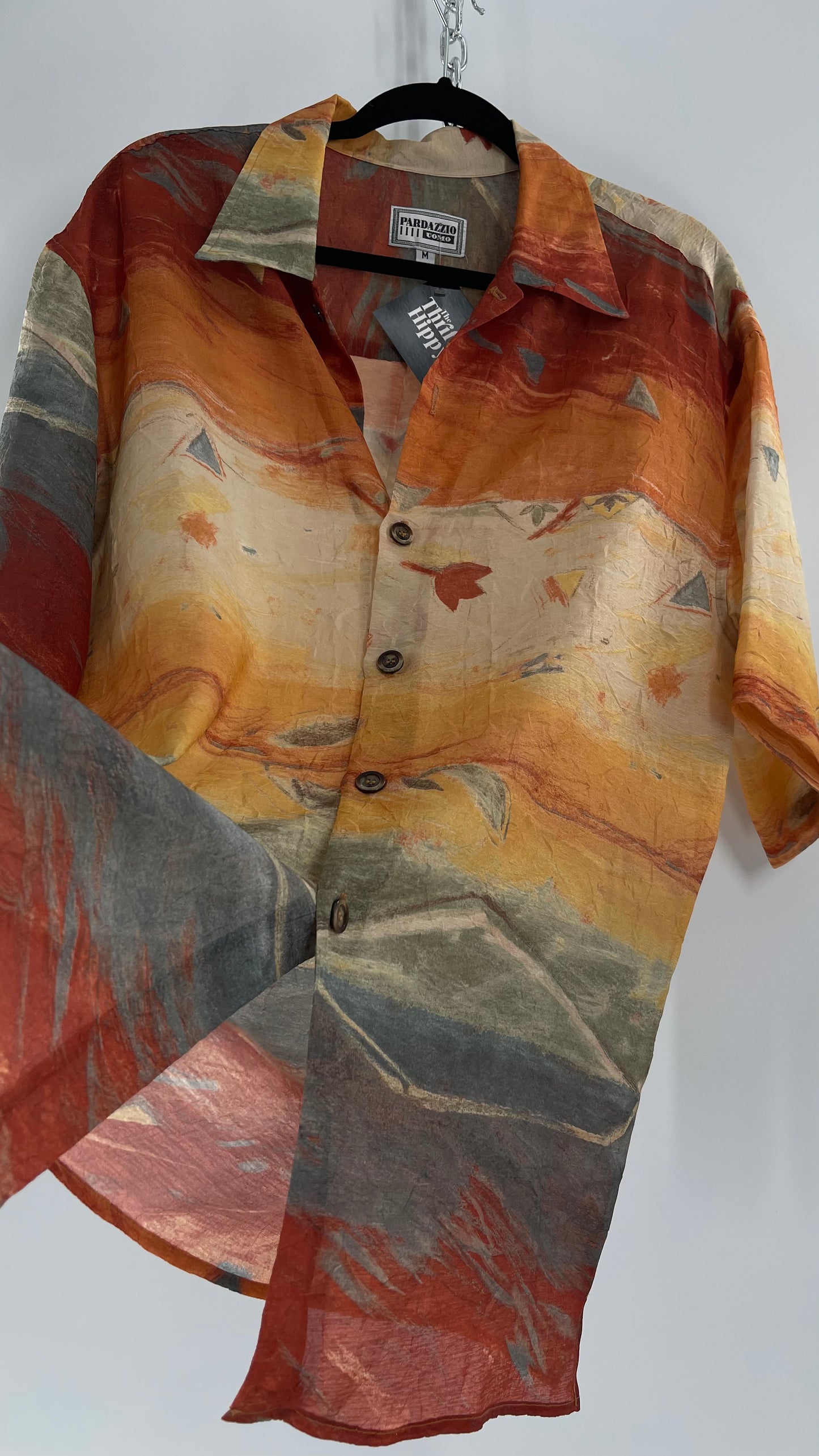 Vintage Pardazzio Uomo Sheer Crimped Abstract Fall Short Sleeve Button Up (Medium)