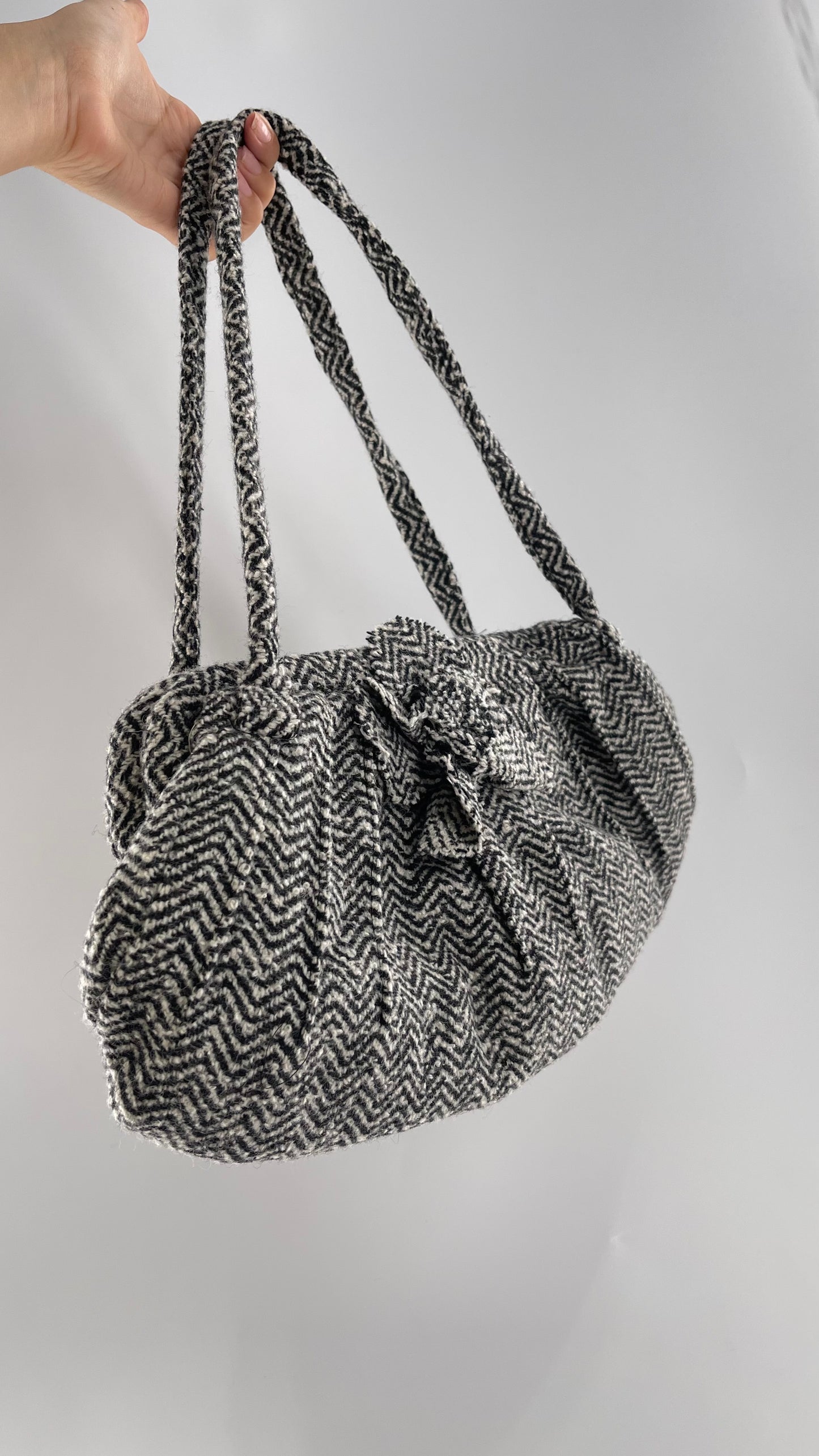 Vintage Wool Knit Black White Purse with Flower Appliqué