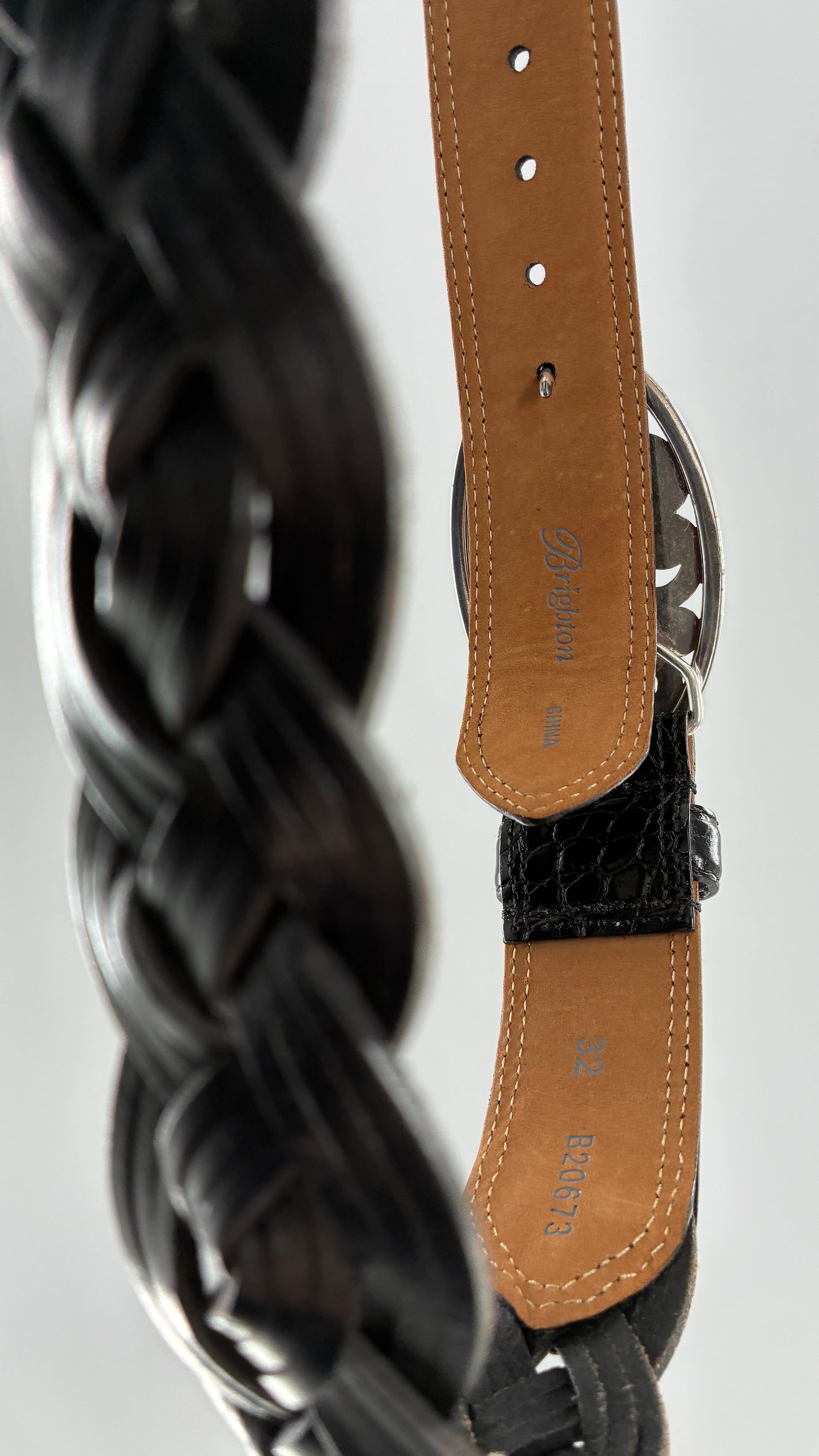 Brighton Black Leather Braided Belt with Oversized Silver Buckle (32)