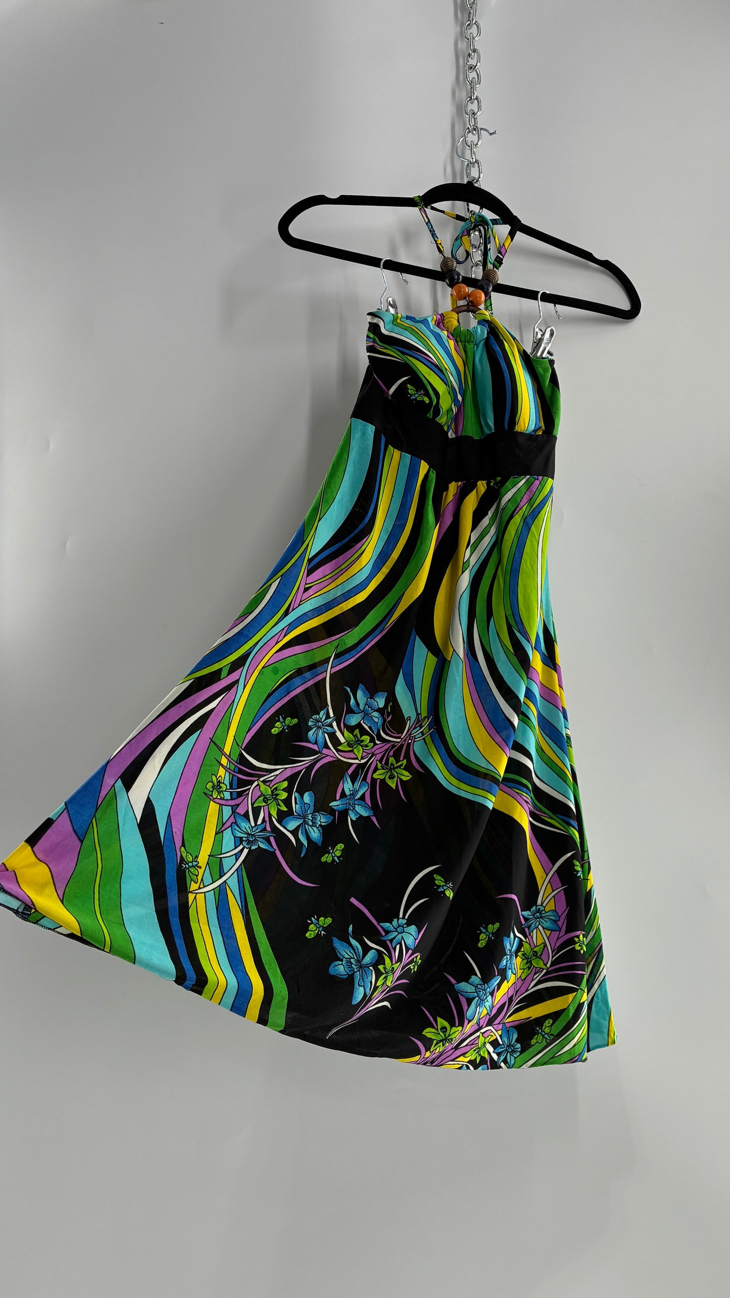 Vintage 1990s Halter Contrast Swirl Dress with Beaded Choker and Built in Bust Padding (Small)