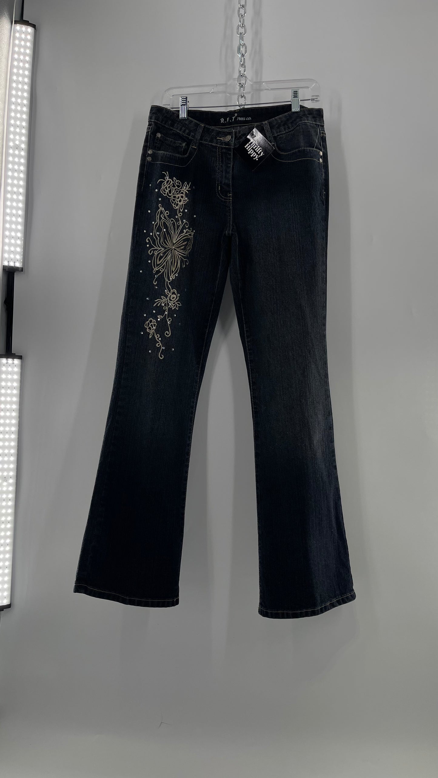 Vintage RVT Grey Kickflare Jeans with Butterfly Embroidery and Rhinestone Embellishment (9/10)
