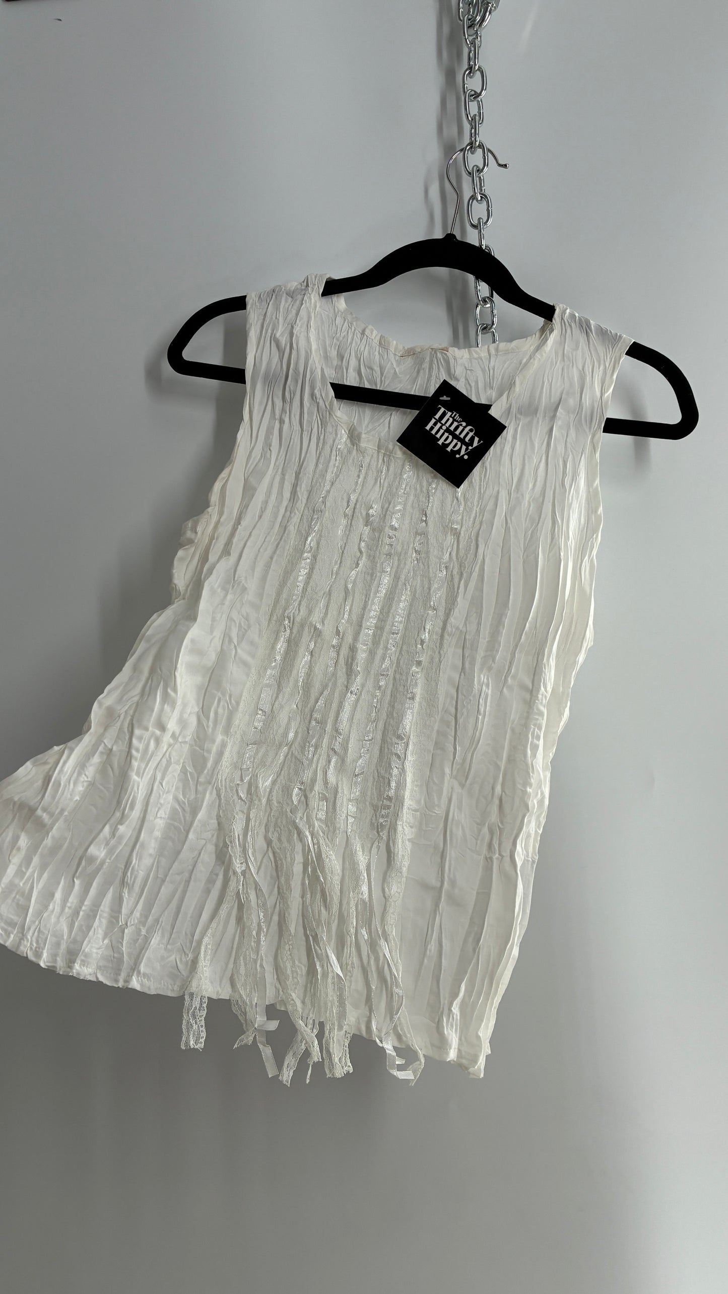 Vintage 1990s Crimped White Camisole with Tassels, Ribbons, and Lace (Medium)