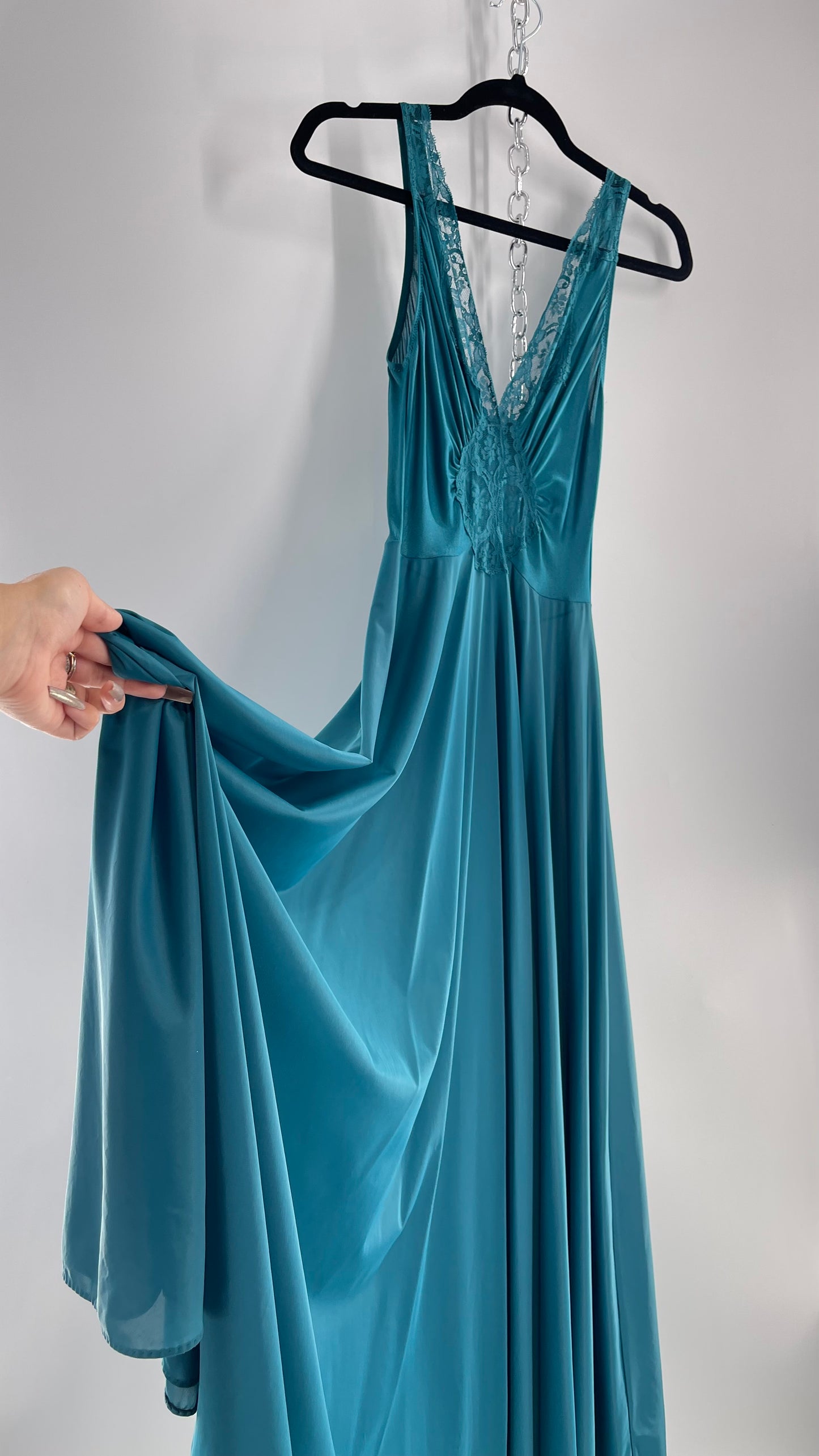 Vintage Olga Intimates Floor Length Voluminous Blue Jewel Toned Maxi Dress/Night Gown with Lace Bust (Small)