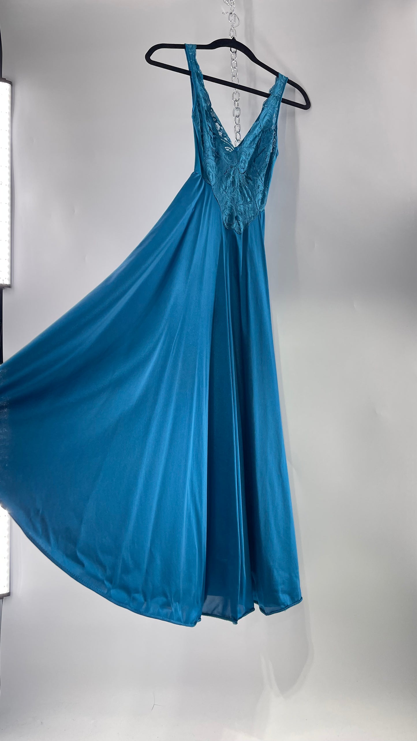 Vintage Olga Intimates Floor Length Voluminous Blue Jewel Toned Maxi Dress/Night Gown with Lace Bust (Small)