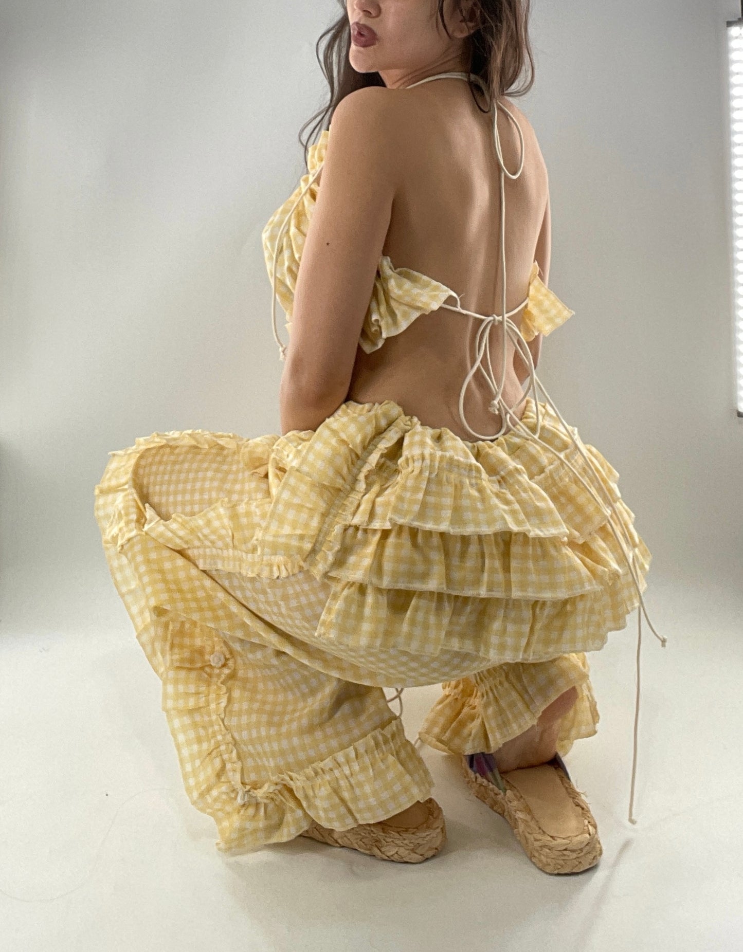 Vintage 2 Piece Yellow Checkered/Gingham Patterned Picnic Set with Ruched Bust Top and Ruffle Side Wide Legs with Adjustable Length, Strap Up Buttons on Hem (One Size)