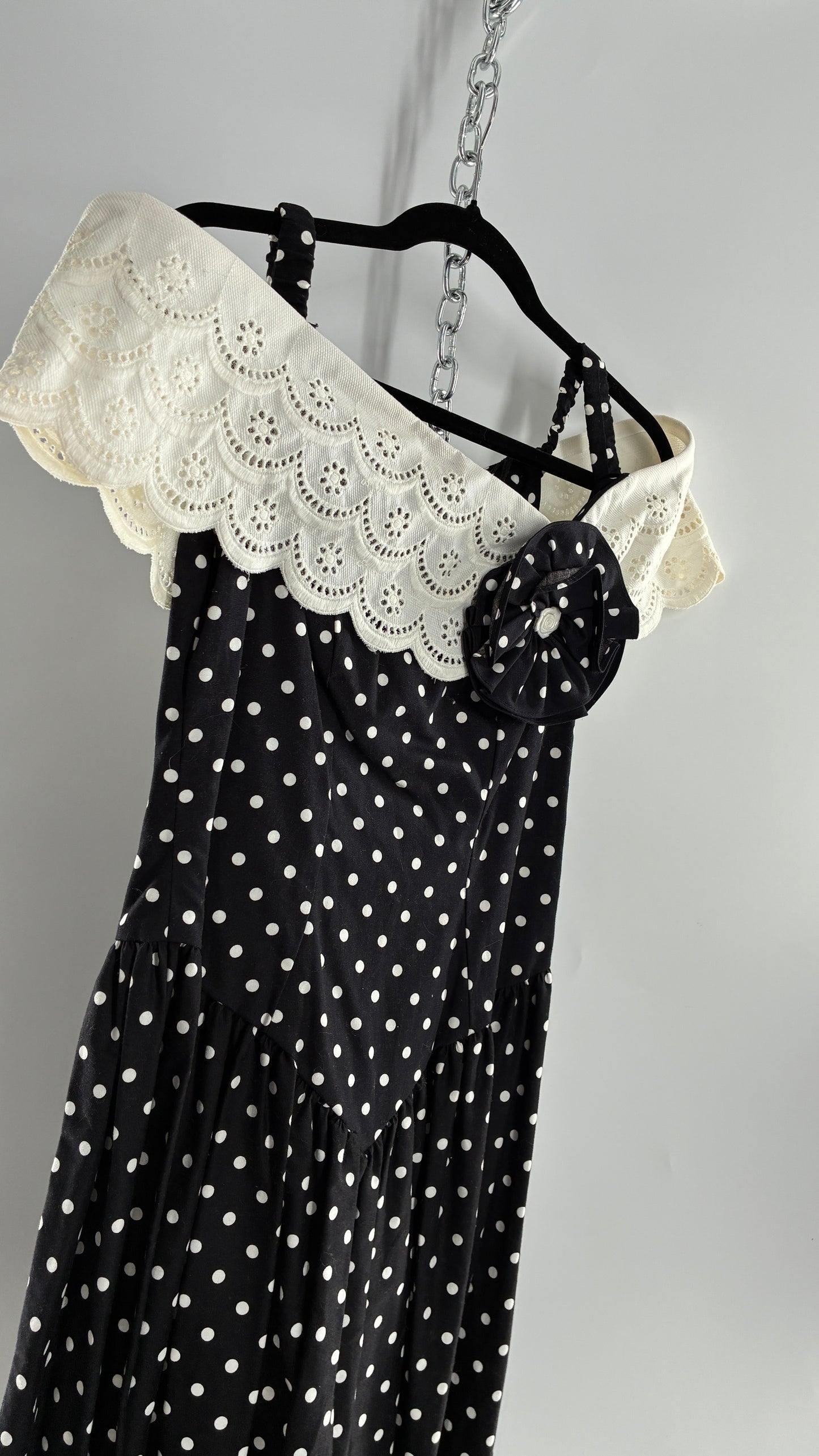 Vintage Handmade Black and White Polka Dot Pointed Waistline Gown with Off the Shoulder Stiff Lace Straps and Rosette Detail (8)
