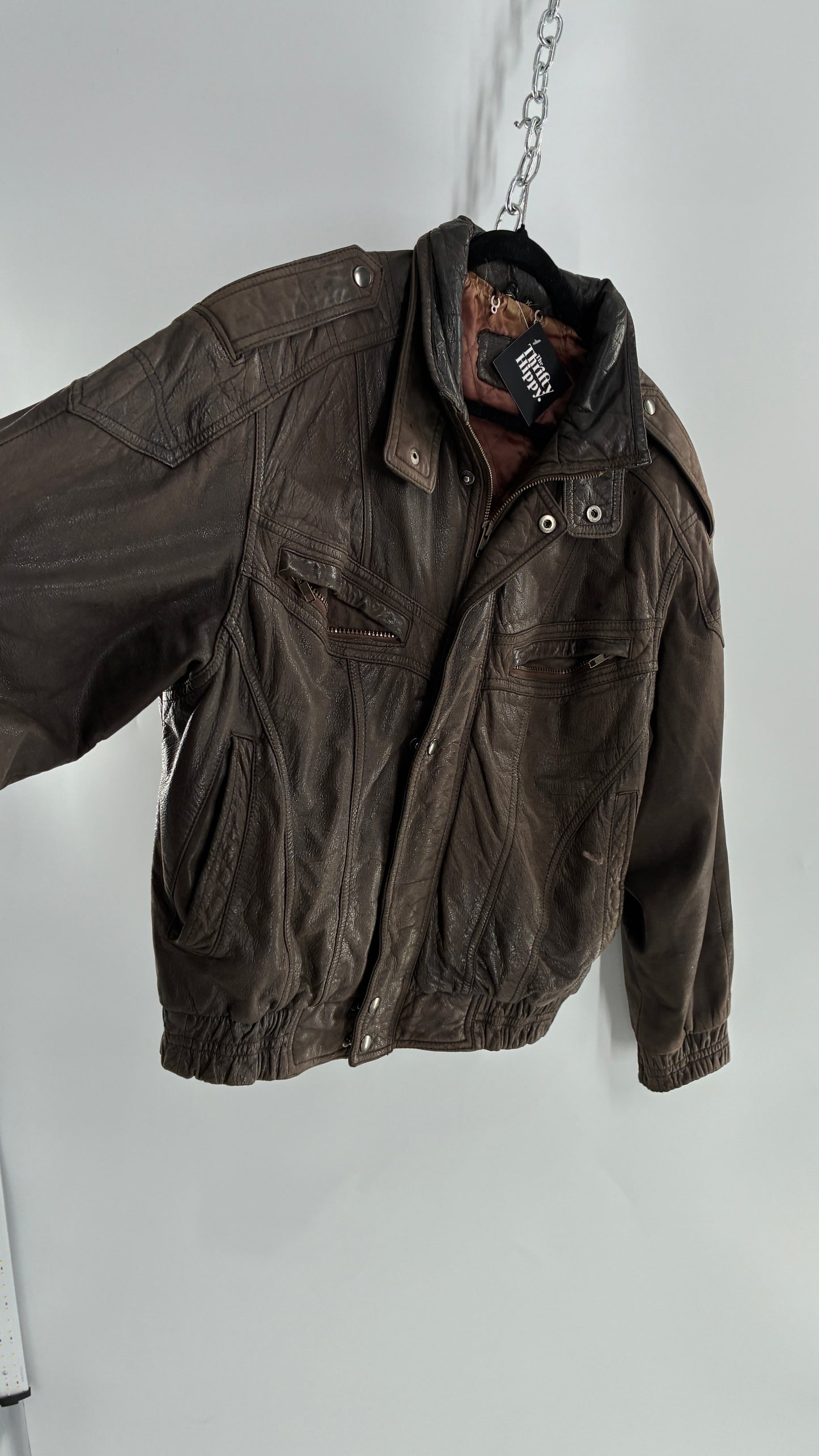Vintage SAXONY Distressed Leather Bomber Jacket (Medium)